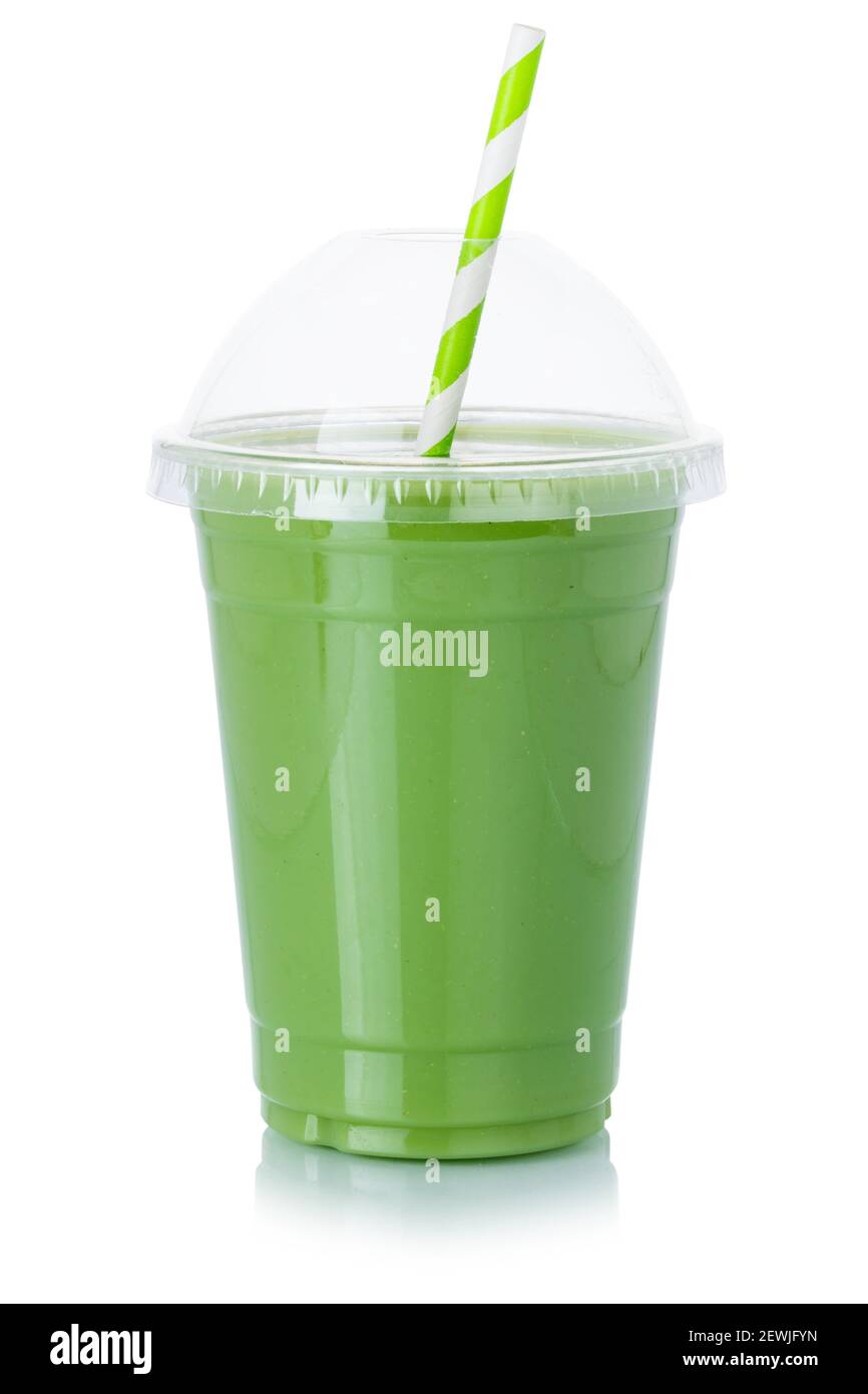 Succo di frutta verde frullato paglia bevanda tazza isolato su uno sfondo bianco. Foto Stock