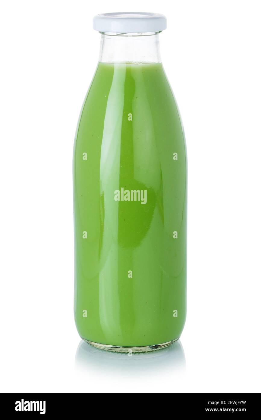 Frullato verde succo di frutta bevanda in una bottiglia isolata su sfondo bianco. Foto Stock