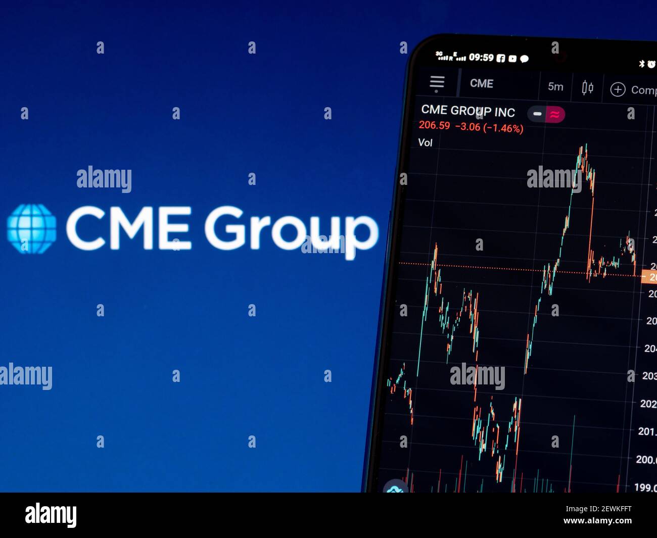 In questa illustrazione fotografica le informazioni di borsa di CME Group Inc. (Proprietario di Chicago Mercantile Exchange) vengono visualizzate su uno smartphone mentre il logo di CME Group Inc. Viene visualizzato come sfondo Foto Stock