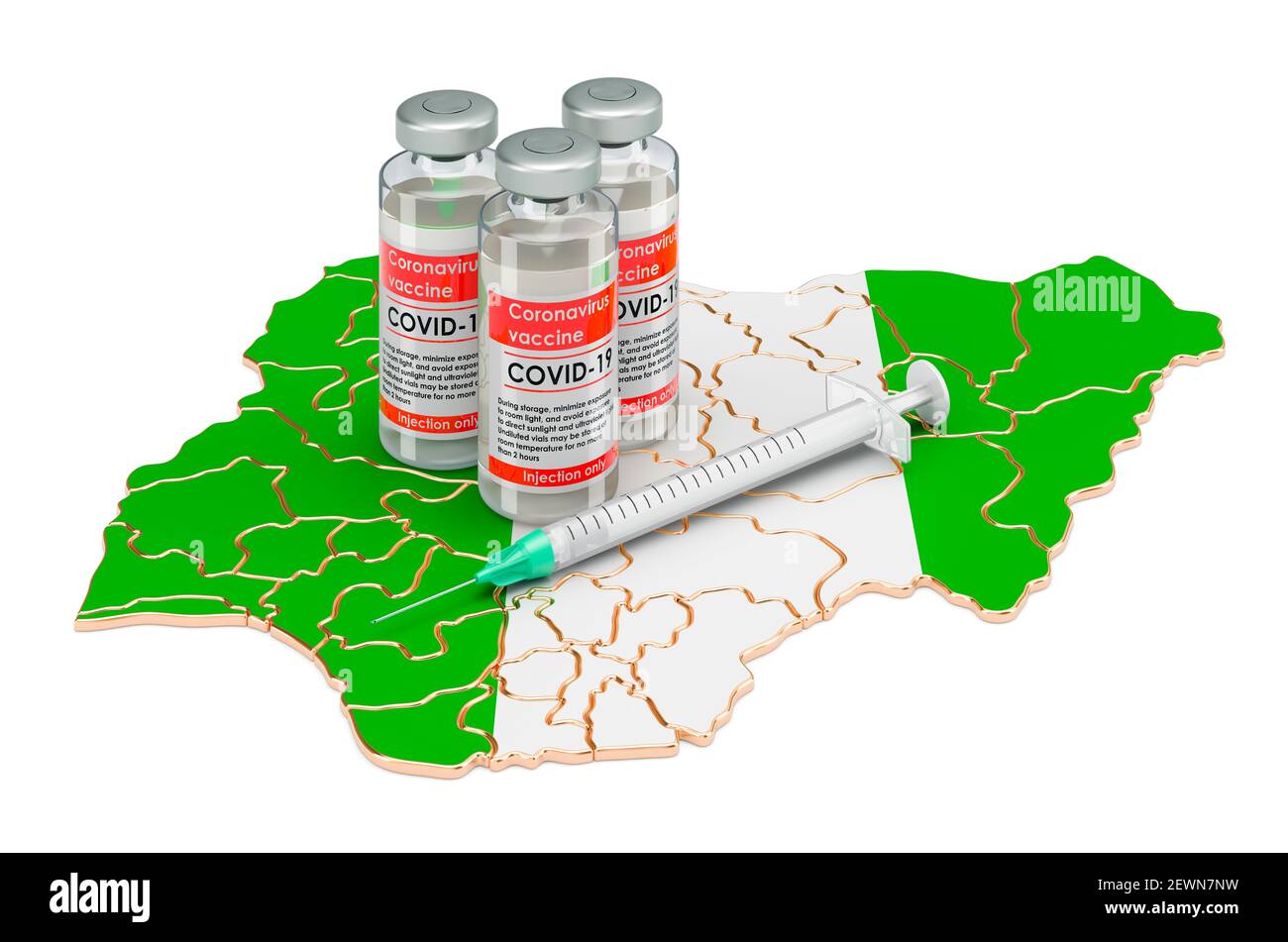 Vaccino e siringa con mappa nigeriana. Vaccinazioni in Nigeria Concept, rendering 3D isolato su sfondo bianco Foto Stock