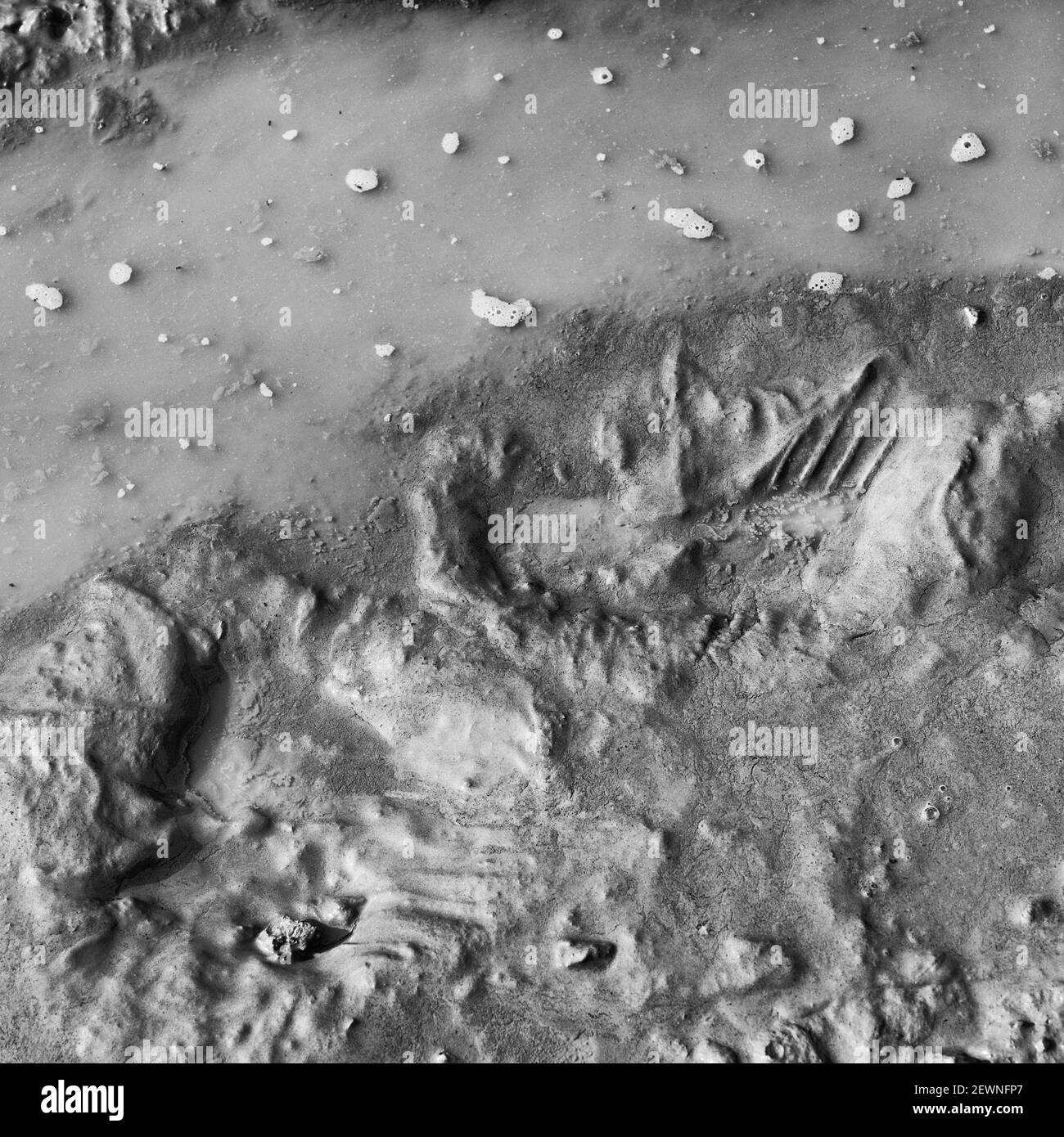 Nero e bianco indistinto fangoso cavetto primordiale e forma parziale del piede come lingua-in-guancia astratto della caccia della NASA per la vita su Marte. Pulire come fango. Foto Stock