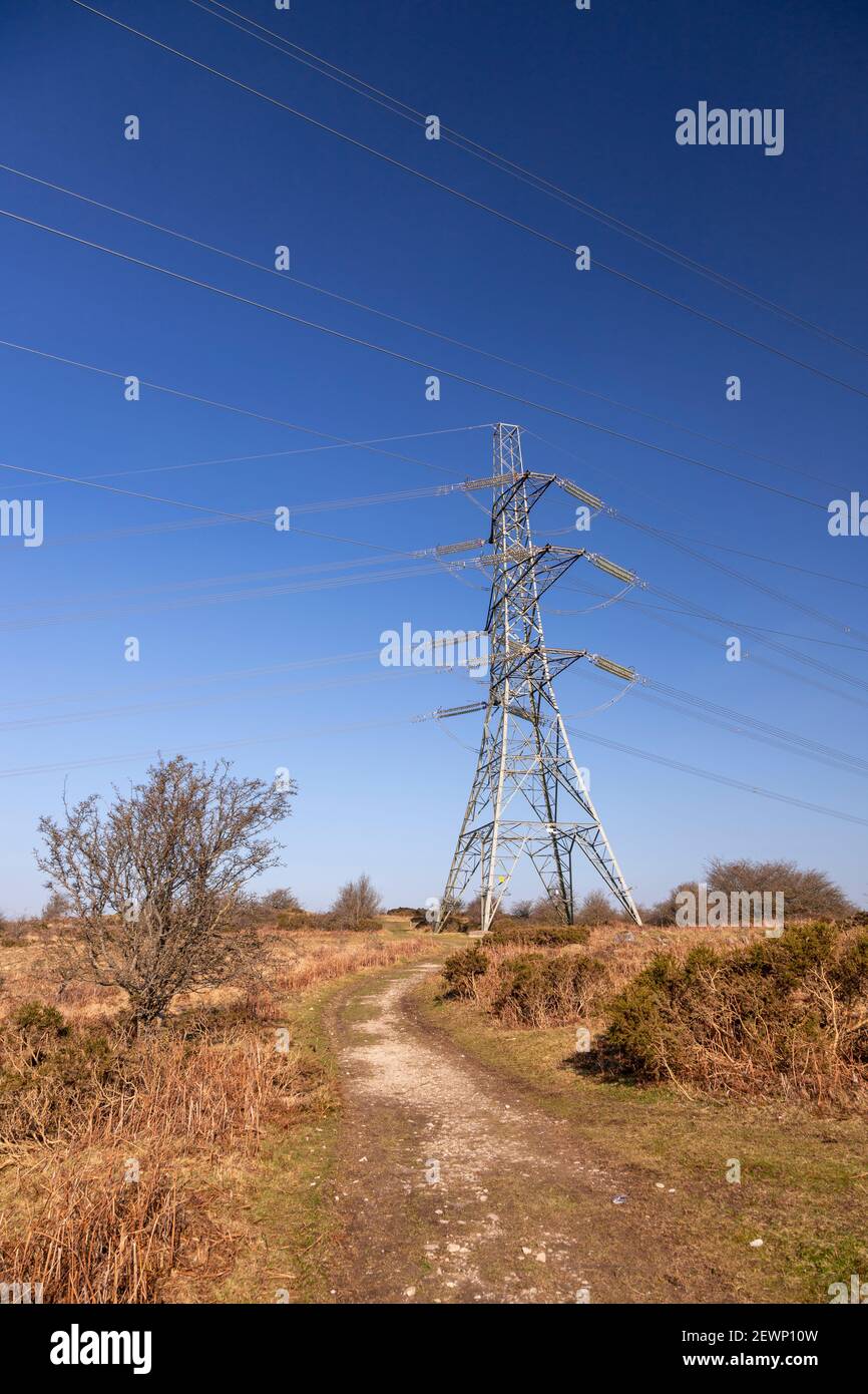 Pilone e cavi elettrici contro un cielo blu Foto Stock