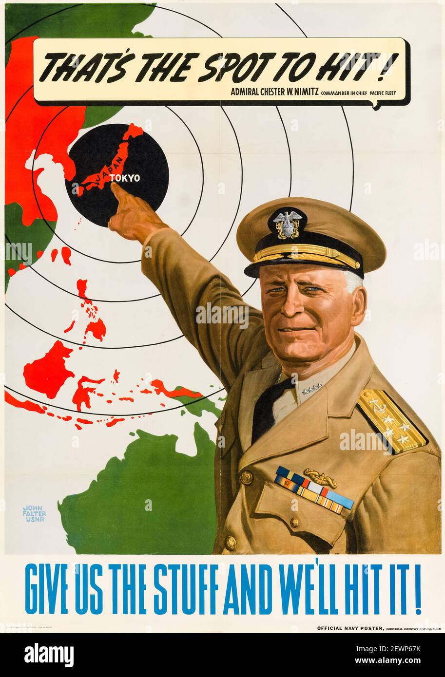 American, US, WW2, poster sulla produttività: Dacci il materiale e noi lo colpiremo!, con l'ammiraglio Chester W Nimitz, artista John Philip Falter, 1944 Foto Stock