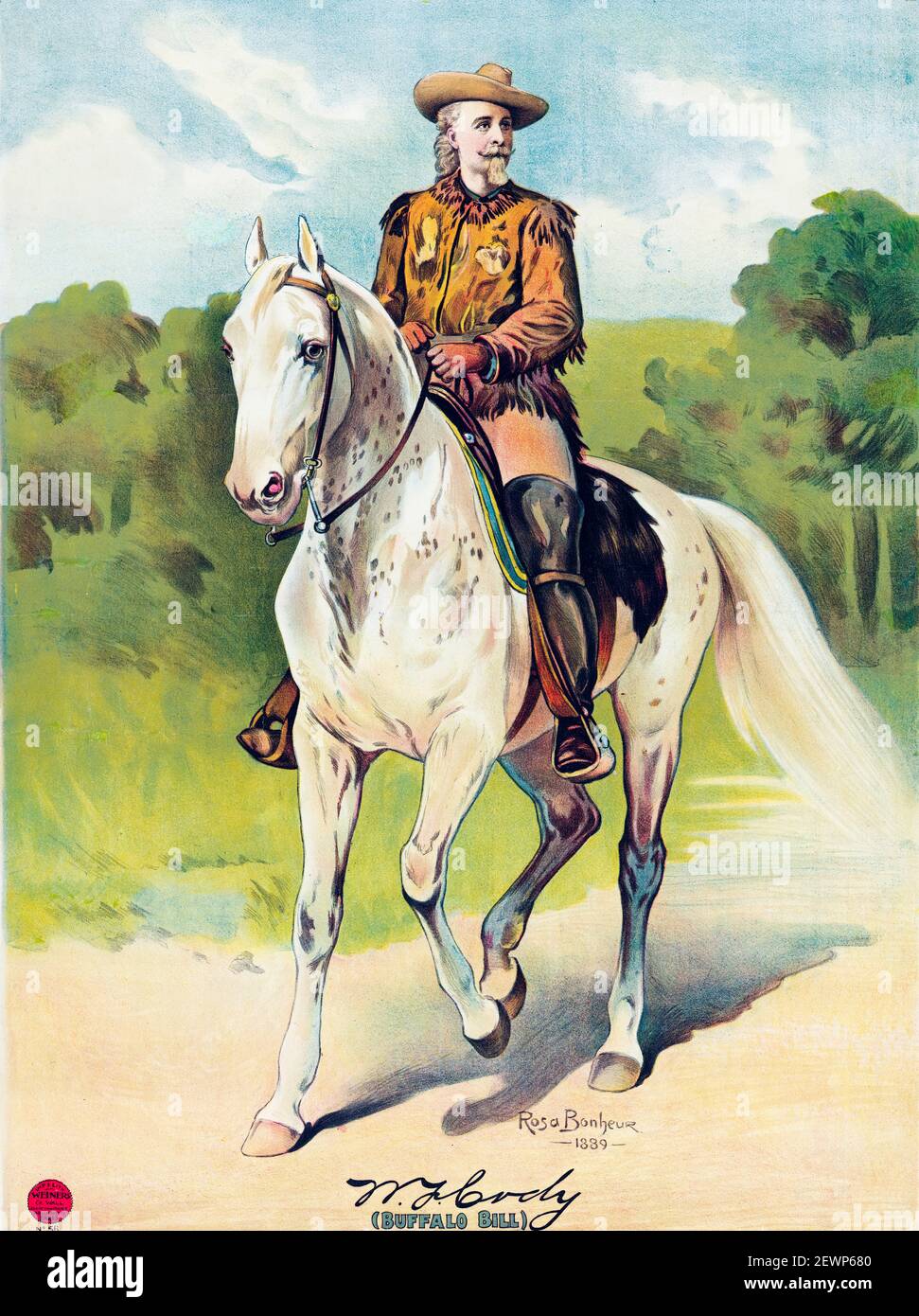 Buffalo Bill Cody (William Frederick Cody, 1846-1917), soldato americano, cacciatore di bisonti e showman, copia del poster del ritratto equestre dopo Rosa Bonheur, 1889 Foto Stock