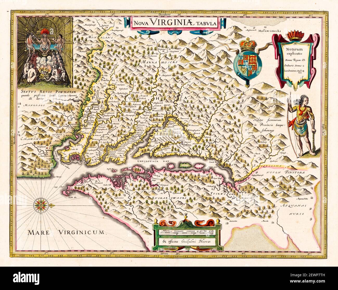Primi, 17 ° secolo mappa della Virginia, New England, che mostra i molti villaggi nativi sotto il controllo di Powhatan, capo della Confederazione Algonquiana, mappa di Dirck Grijp, copia dopo John Smith, 1618 Foto Stock
