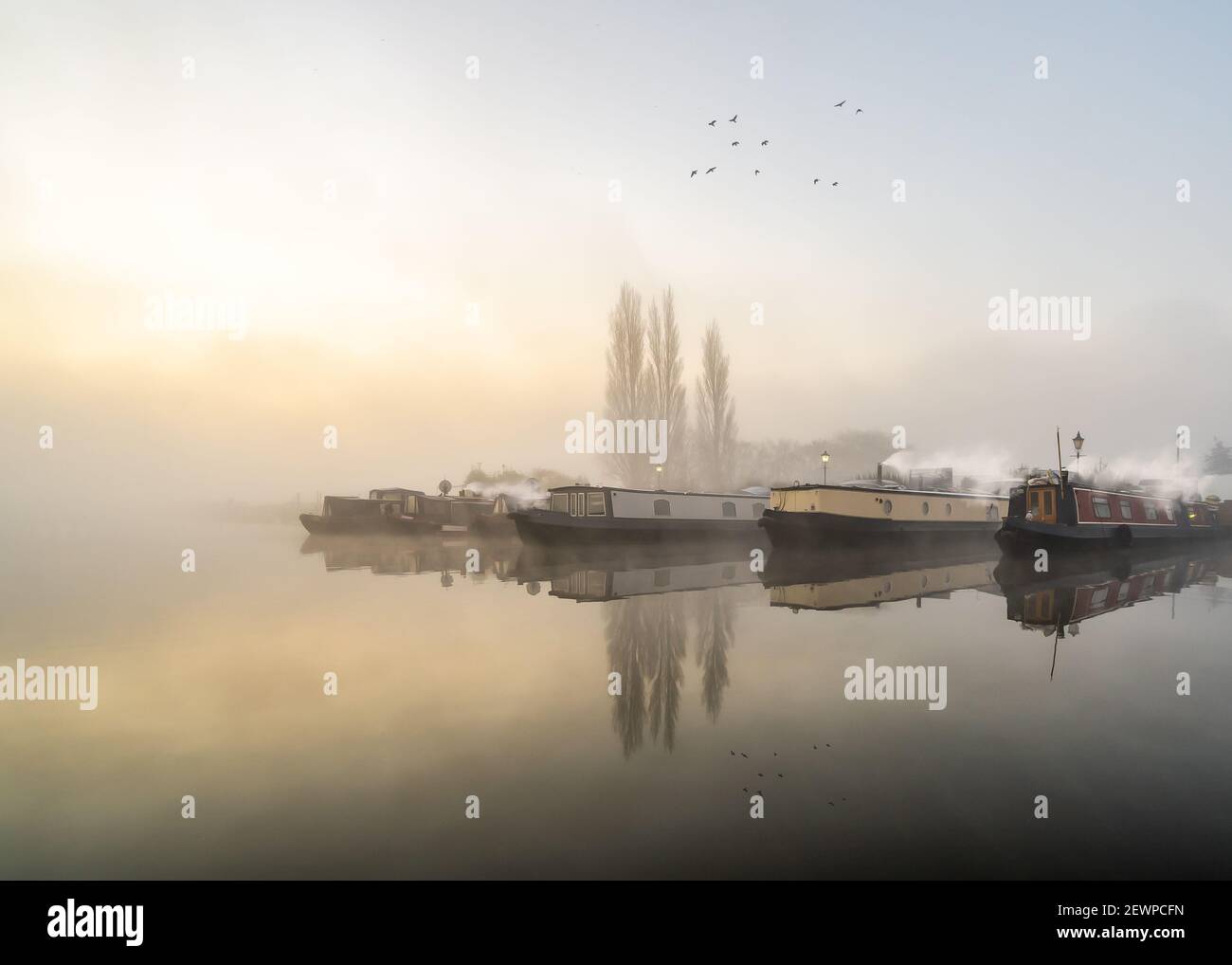 Splendida luce dorata canale stretta casa barca porto molo come l'alba il sole si rompe attraverso la nebbia mattutina. Gli uccelli che volano attraverso le nebbie barche del cielo riflettono Foto Stock