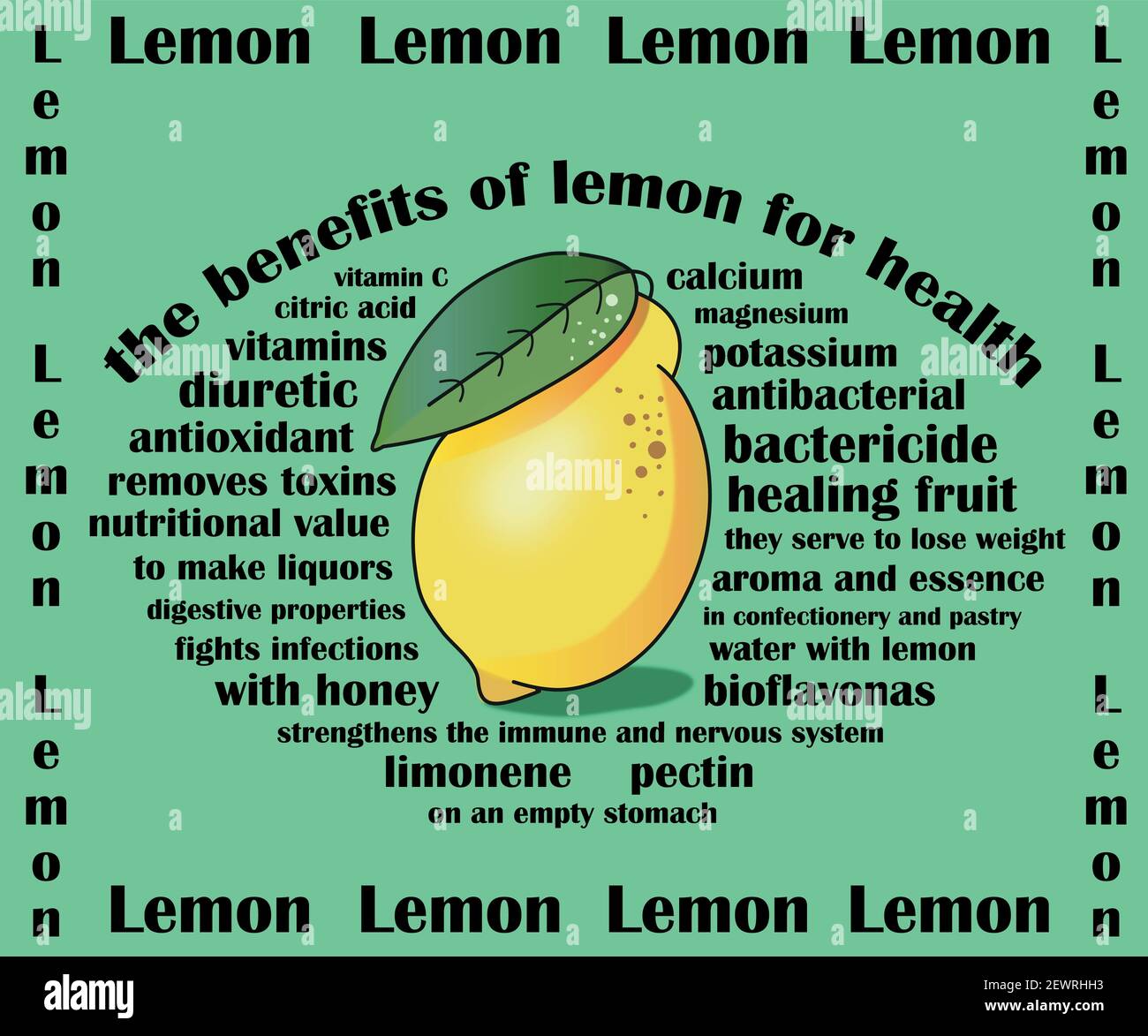 Benefici del limone per la salute. Disegno vettoriale. Beneficios del limon para la salud. Illustrazione Vettoriale