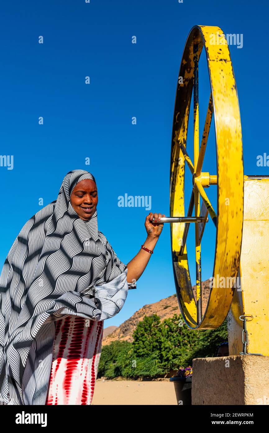 Donna ad una ruota ad acqua che pompa per acqua, Oasi di Timia, Air Mountains, Niger, Africa Foto Stock