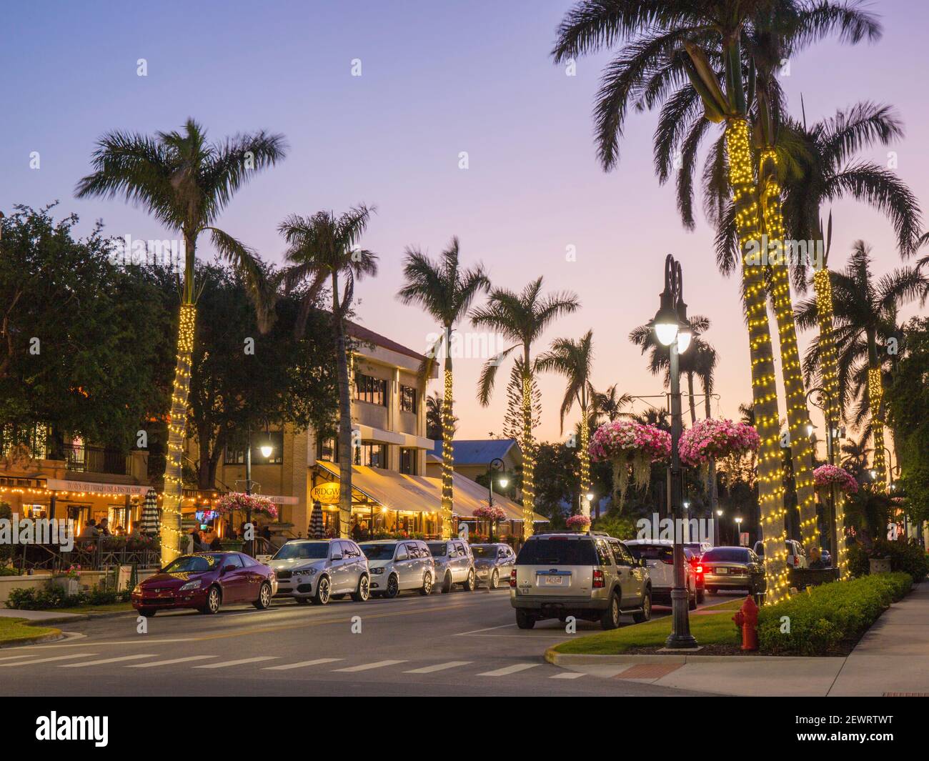 Vista lungo la 13th Avenue South, fiancheggiata da palme, nel cuore del principale quartiere dei ristoranti della città, il tramonto, Napoli, Florida, Stati Uniti d'America Foto Stock
