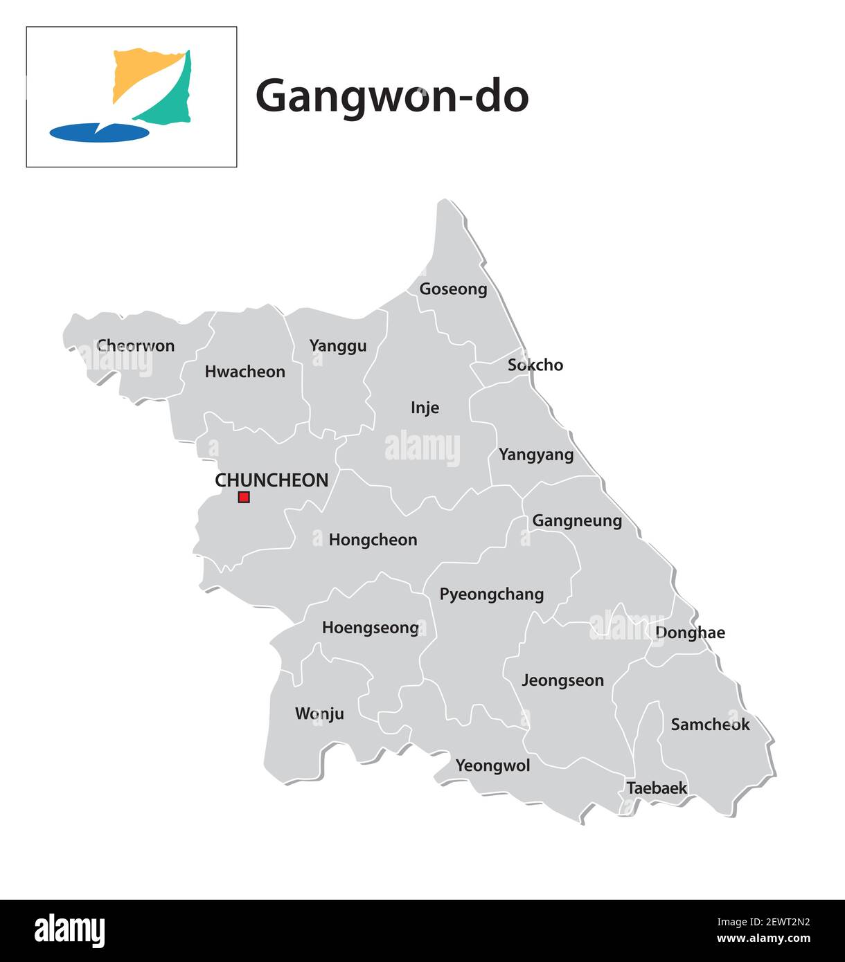 Mappa amministrativa vettoriale della provincia sudcoreana di Gangwon-do con flag Illustrazione Vettoriale