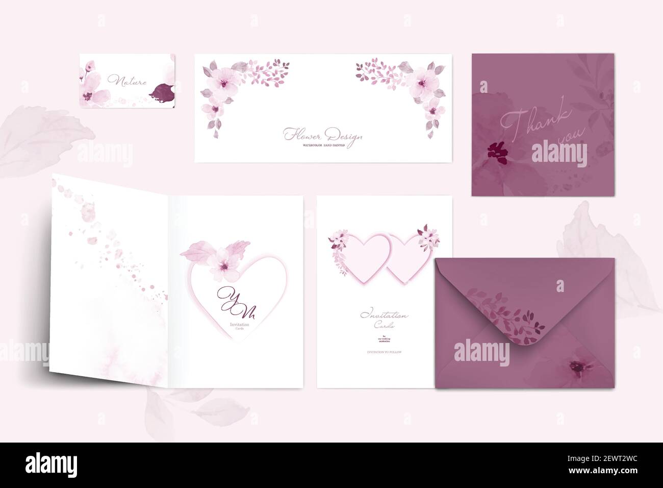 Set di modello carta rosa pastello con fiori e foglie acquerello dipinto a mano. Disegno decorativo vettoriale di carta, poster, invito, matrimonio. Illustrazione Vettoriale