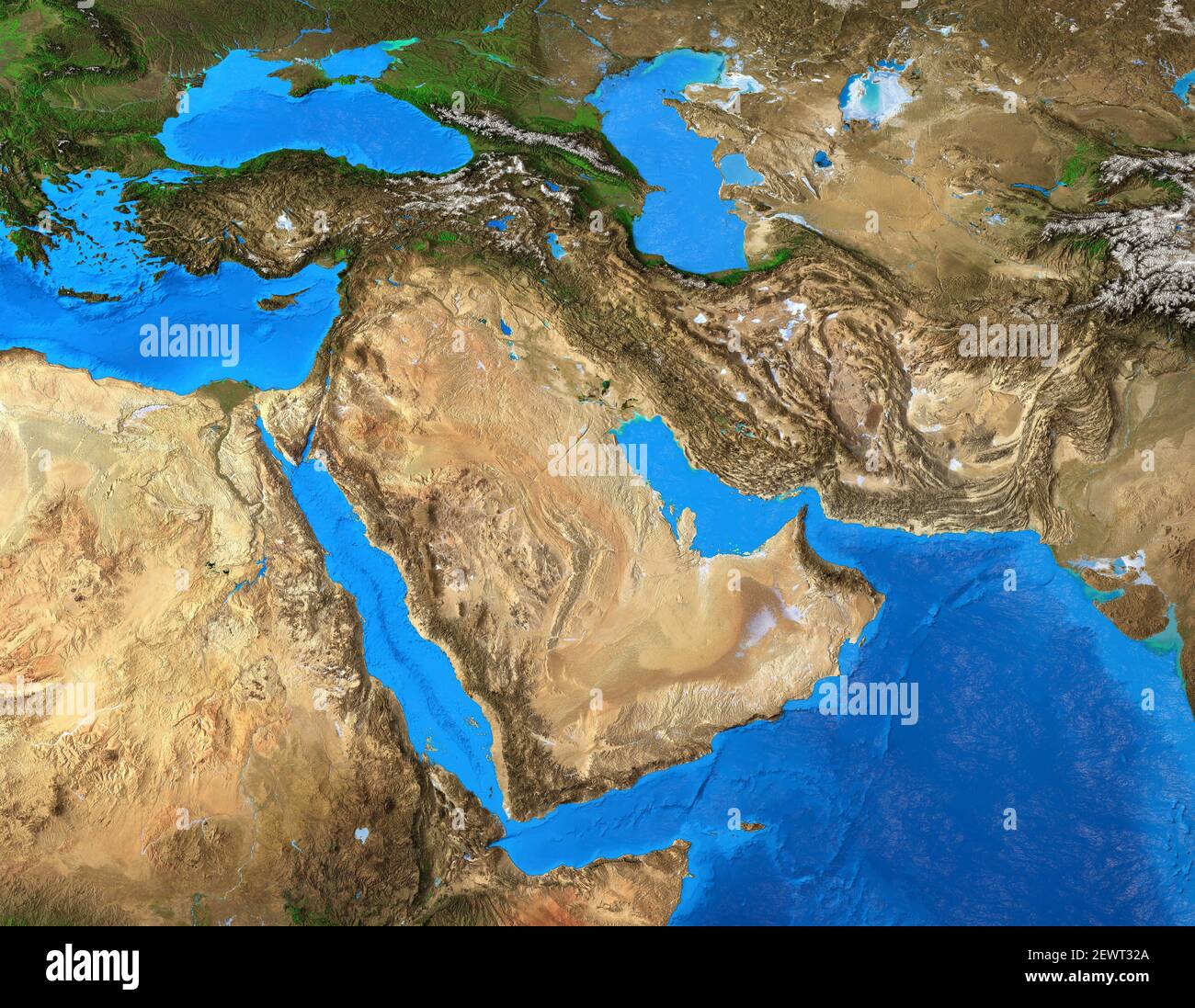 Mappa fisica del Medio Oriente. Geografia della Penisola arabica. Vista in piano del pianeta Terra e delle sue forme - elementi arredati dalla NASA Foto Stock