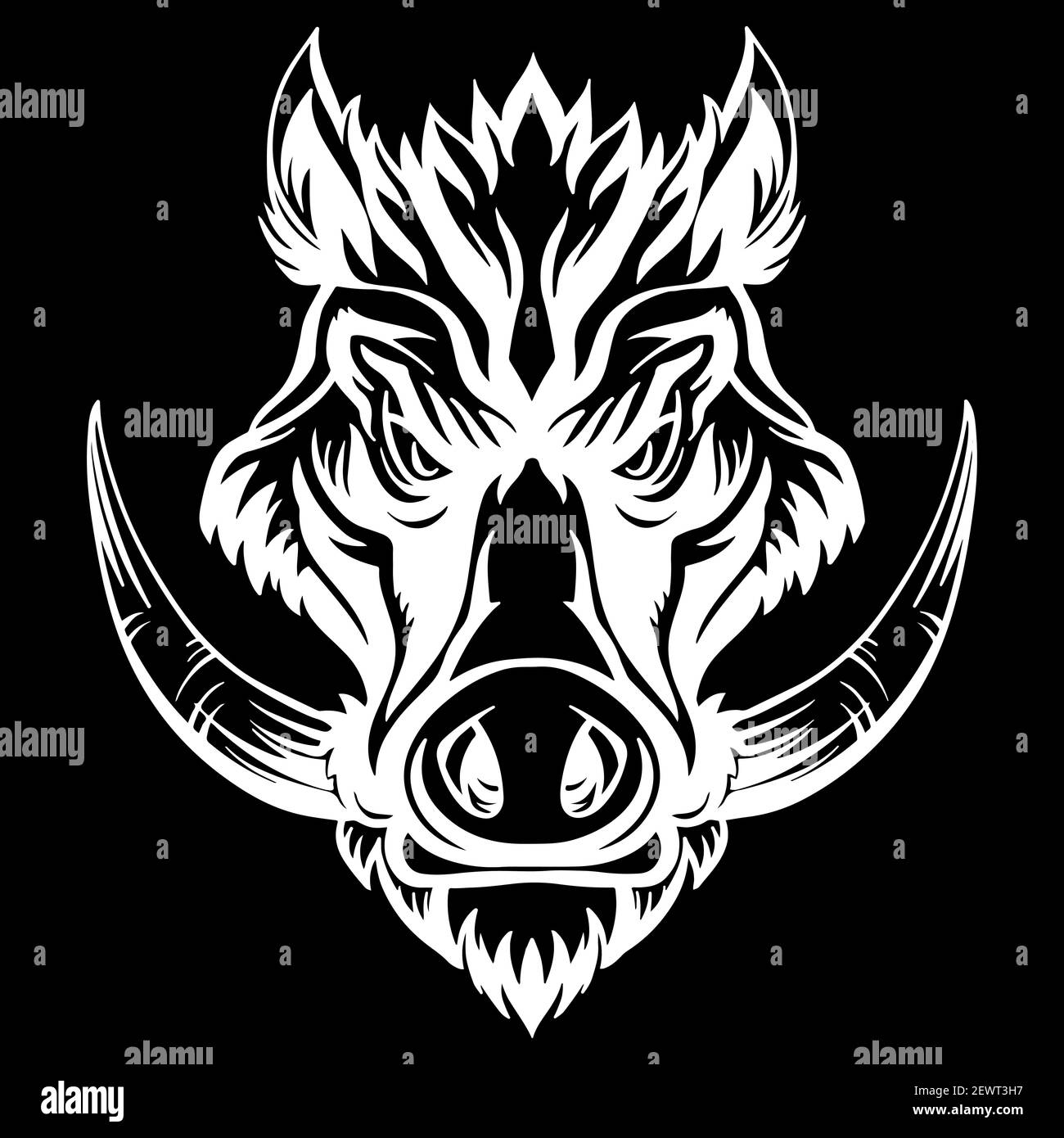 Mascotte. Testa vettoriale del cinghiale. Illustrazione bianca del maiale selvatico di pericolo isolato su sfondo nero. Per decorazione, stampa, disegno, logo, club sportivi, tat Illustrazione Vettoriale