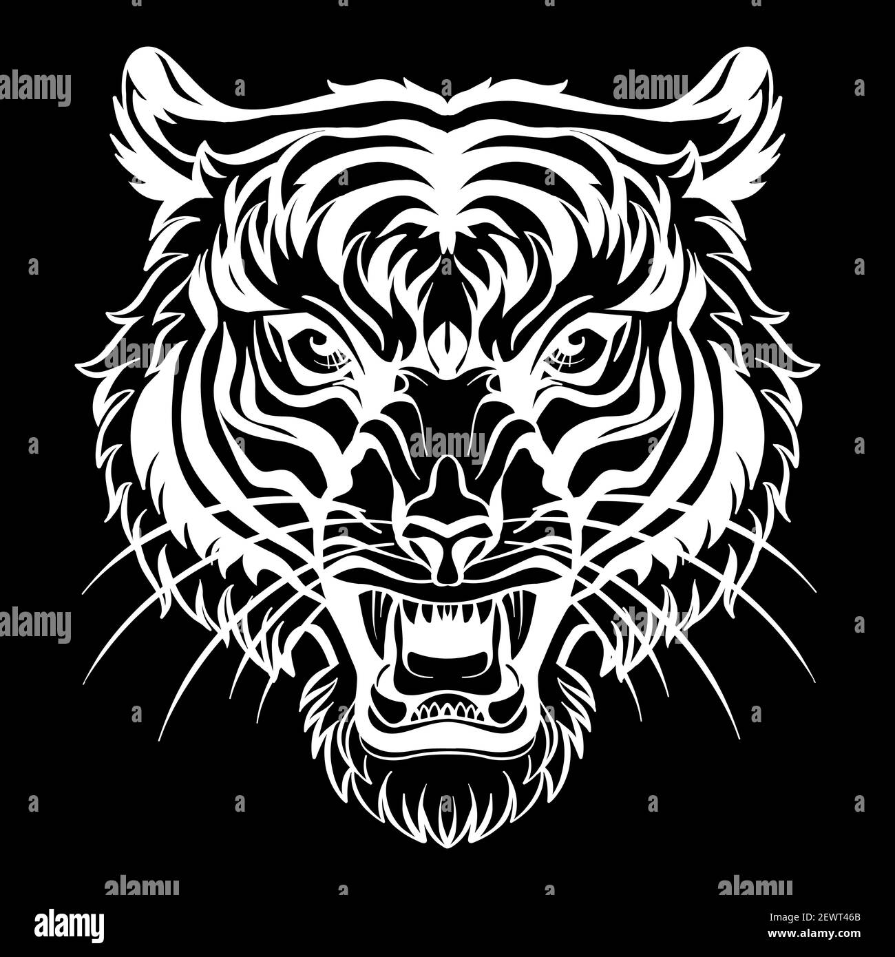Mascotte. Testa vettore della tigre. Illustrazione bianca del gatto selvatico di pericolo isolato su sfondo nero. Per decorazione, stampa, disegno, logo, club sportivi, ta Illustrazione Vettoriale