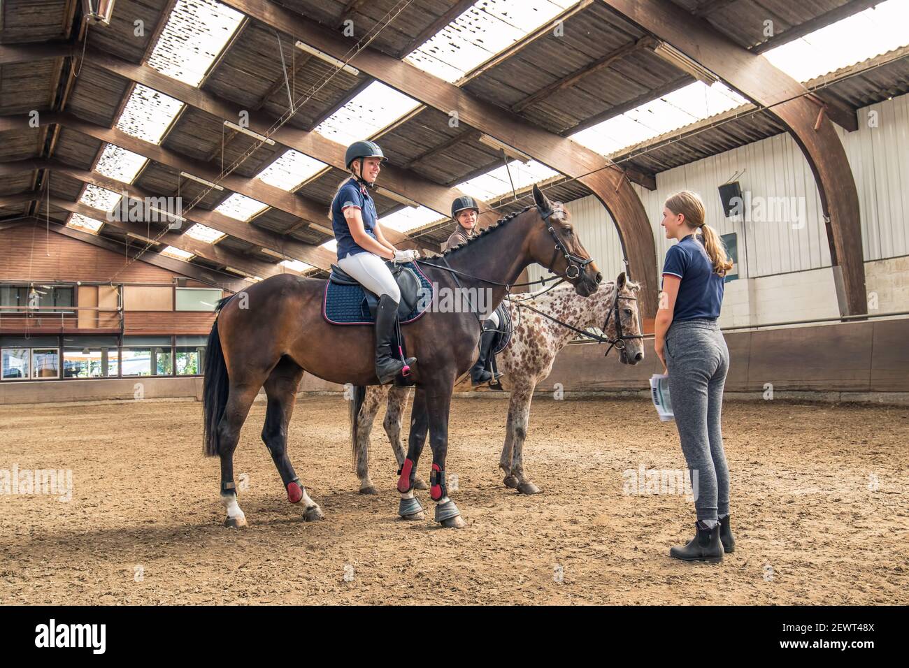 Ragazze su cavalli con istruttore all'interno della scuola di equitazione. L'Olanda ha 500,000 piloti e 450,000 cavalli. 1,500 associazioni di equitazione che organizzano 7,300 eventi. Foto Stock