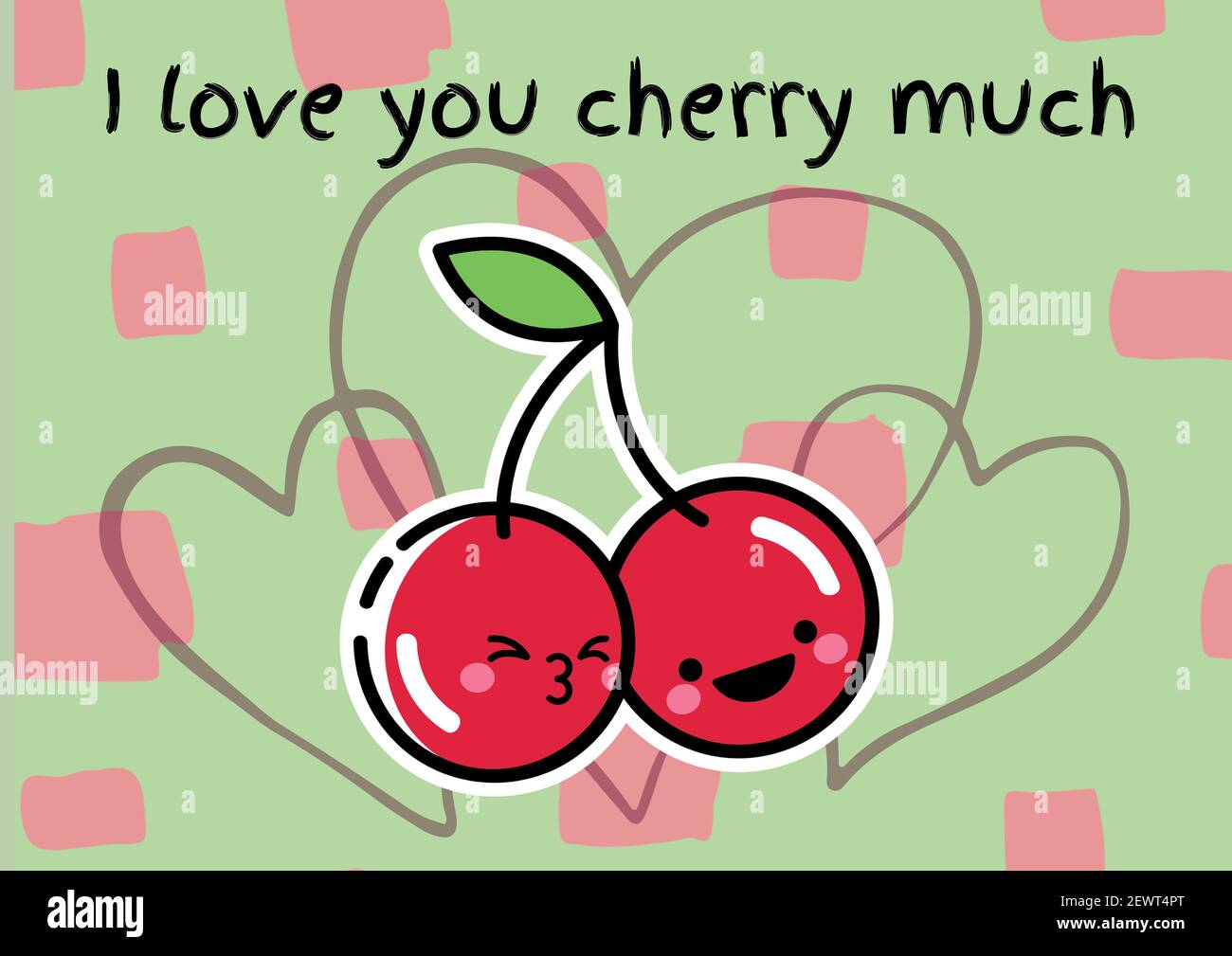 Ti amo ciliegia molto testo con due ciliegie rosse su cuori su sfondo verde Foto Stock