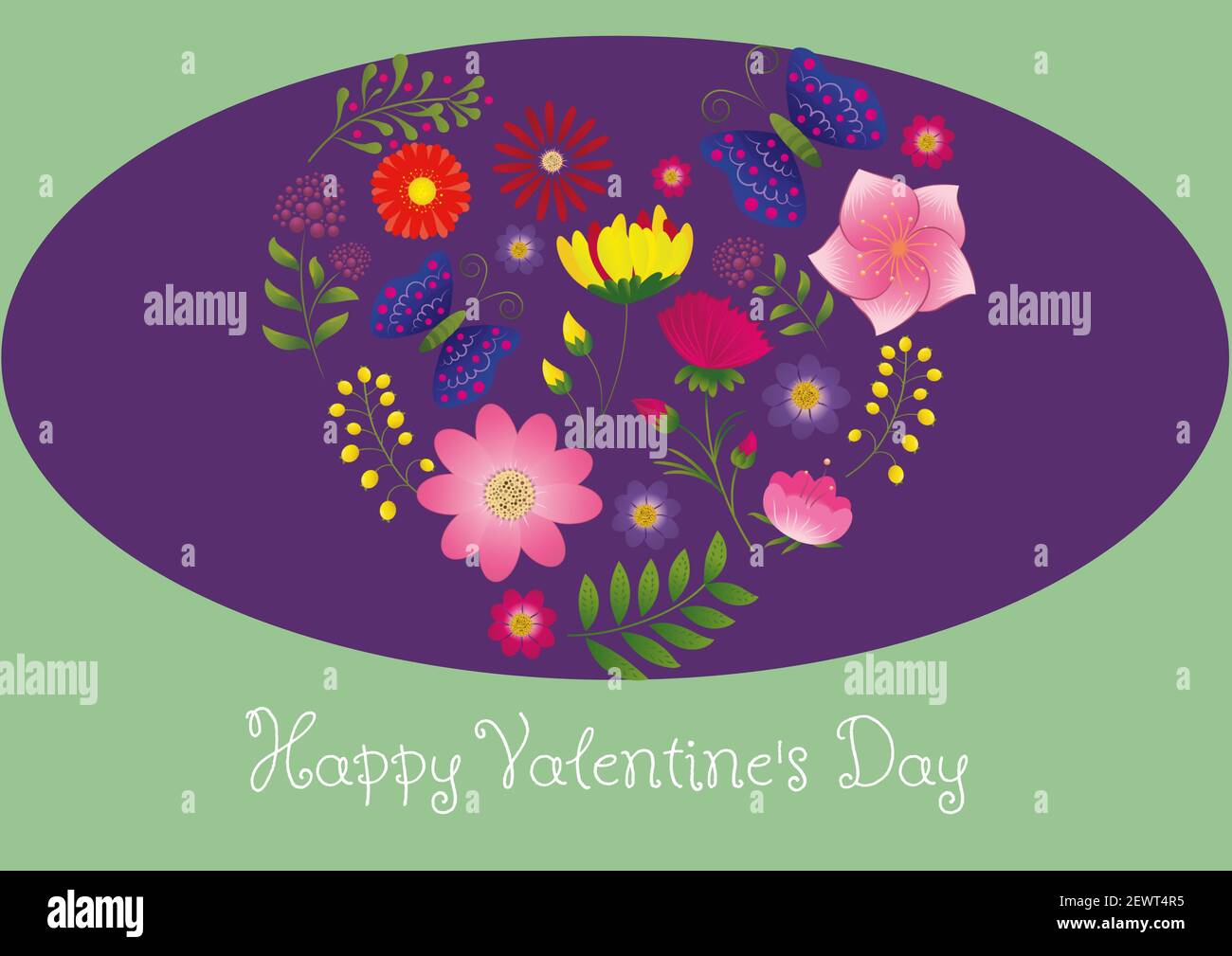 Felice giorno di San Valentino con composizione floreale su ovale viola su sfondo verde Foto Stock