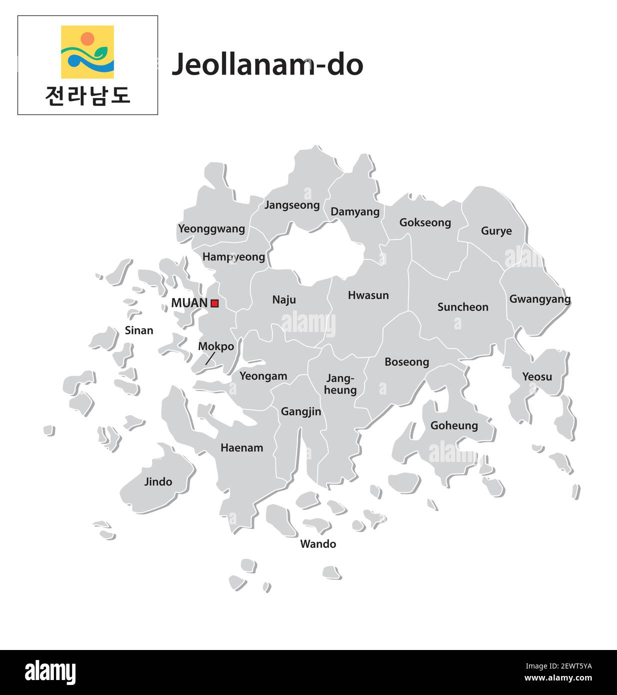 Mappa amministrativa vettoriale della provincia sudcoreana di Jeollanam-do con flag Illustrazione Vettoriale