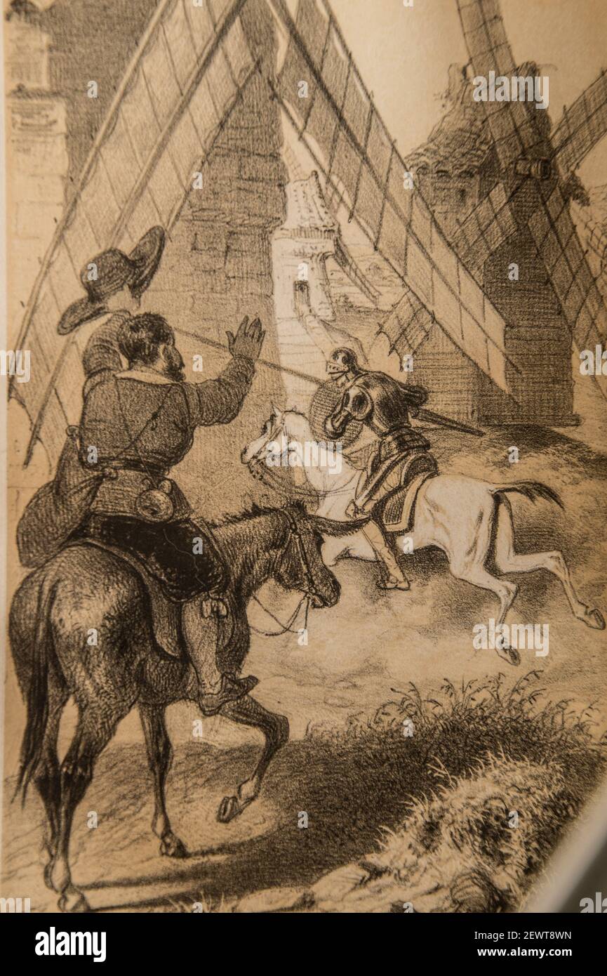combat contre les moulins a vent, don quichotte de la manche, par michel cervantes, edizione didier 1845 Foto Stock