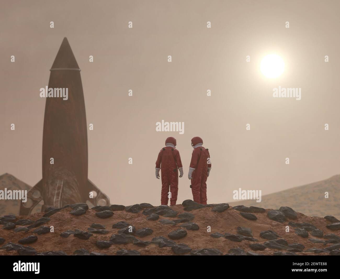 Due astronauti sulla superficie di Marte Foto Stock