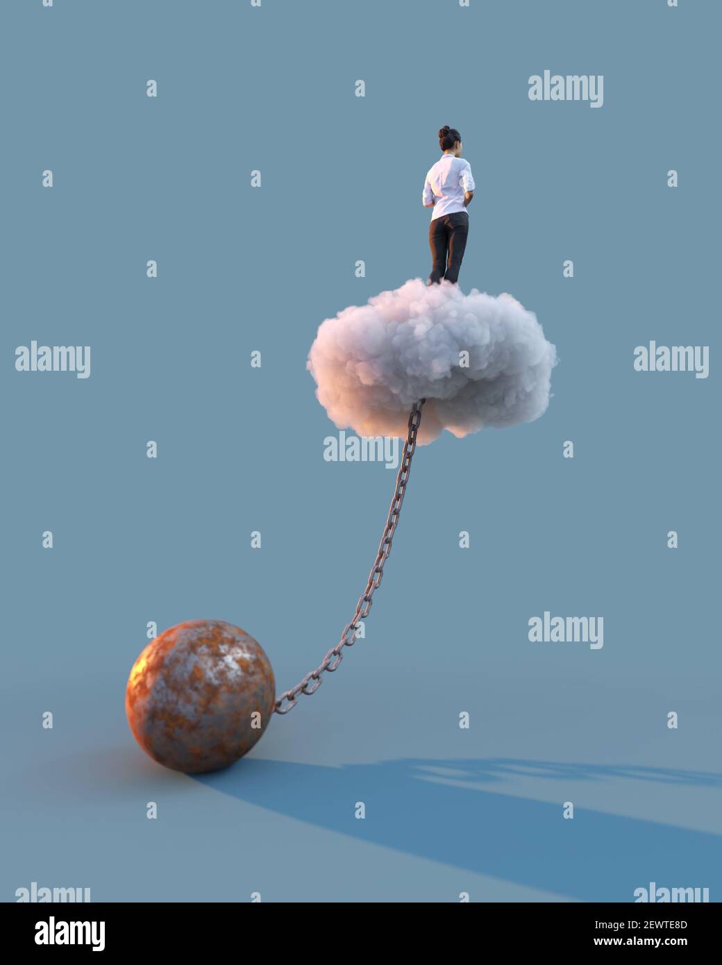 donna in piedi su una nuvola incatenata a un peso Foto Stock