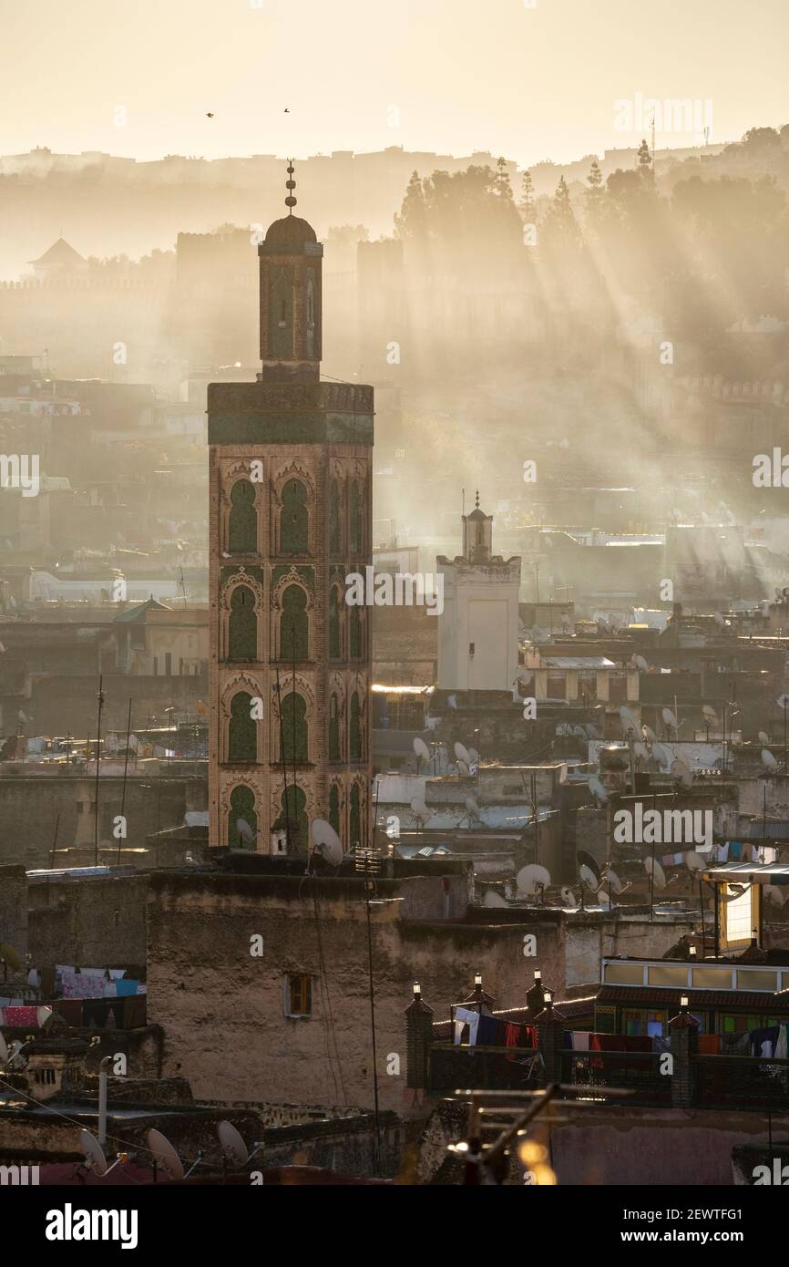 Vista della città della medina Fes con minareti durante un'alba foggy, come visto da Riad Laayou, Fes, Marocco Foto Stock