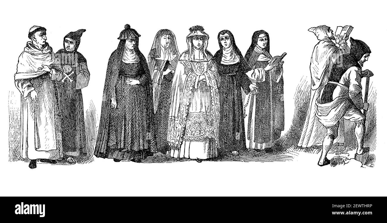 Costumi religiosi clericali nel 1880, da sinistra: Agostiniani, Padri della morte, Beguina, Orsolina, Benedettine, Poor Clares, Annunciata, la Trappe in costume e al lavoro / Geistliche Ordenstrachten im Jahre 1880, von Links: Augustiner, Väter des Todes, Beguine, Ursulinerin, Benediktinerin, Klarissin, Annunziatin, la Trappe in Haustracht und bei der Arbeit, Historisch, storico, digitale riproduzione migliorata di un originale del 19 ° secolo / digitale Reproduktion einer Originalvorlage aus dem 19. Jahrhundert, Foto Stock