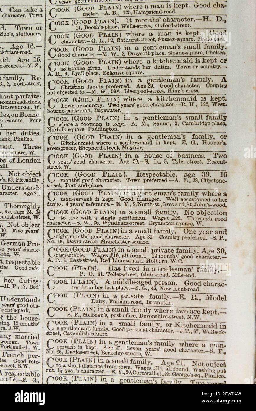 Annunci di lavoro vacanti per cuochi nel giornale di Times (martedì 23 maggio 1865), Londra, Regno Unito. Foto Stock