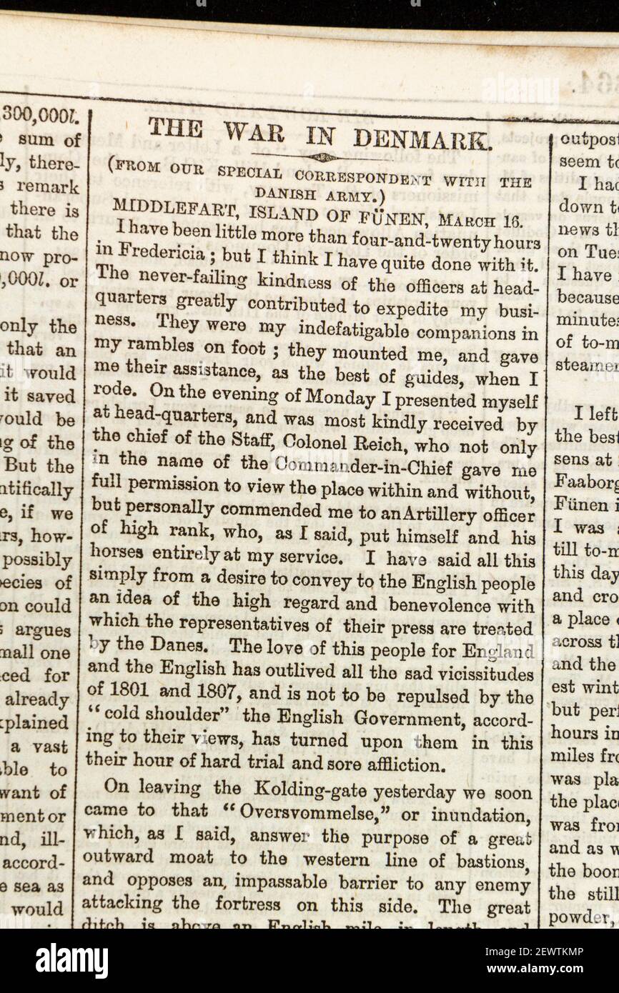Articolo sulla guerra in Danimarca all'interno del giornale Times di Londra giovedì 24 marzo 1864. Foto Stock