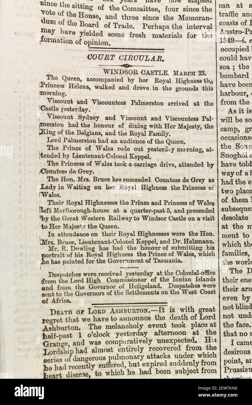 La circolare della Corte che evidenzia il movimento della Famiglia reale al Castello di Windsor, il giornale Times di Londra giovedì 24 marzo 1864. Foto Stock