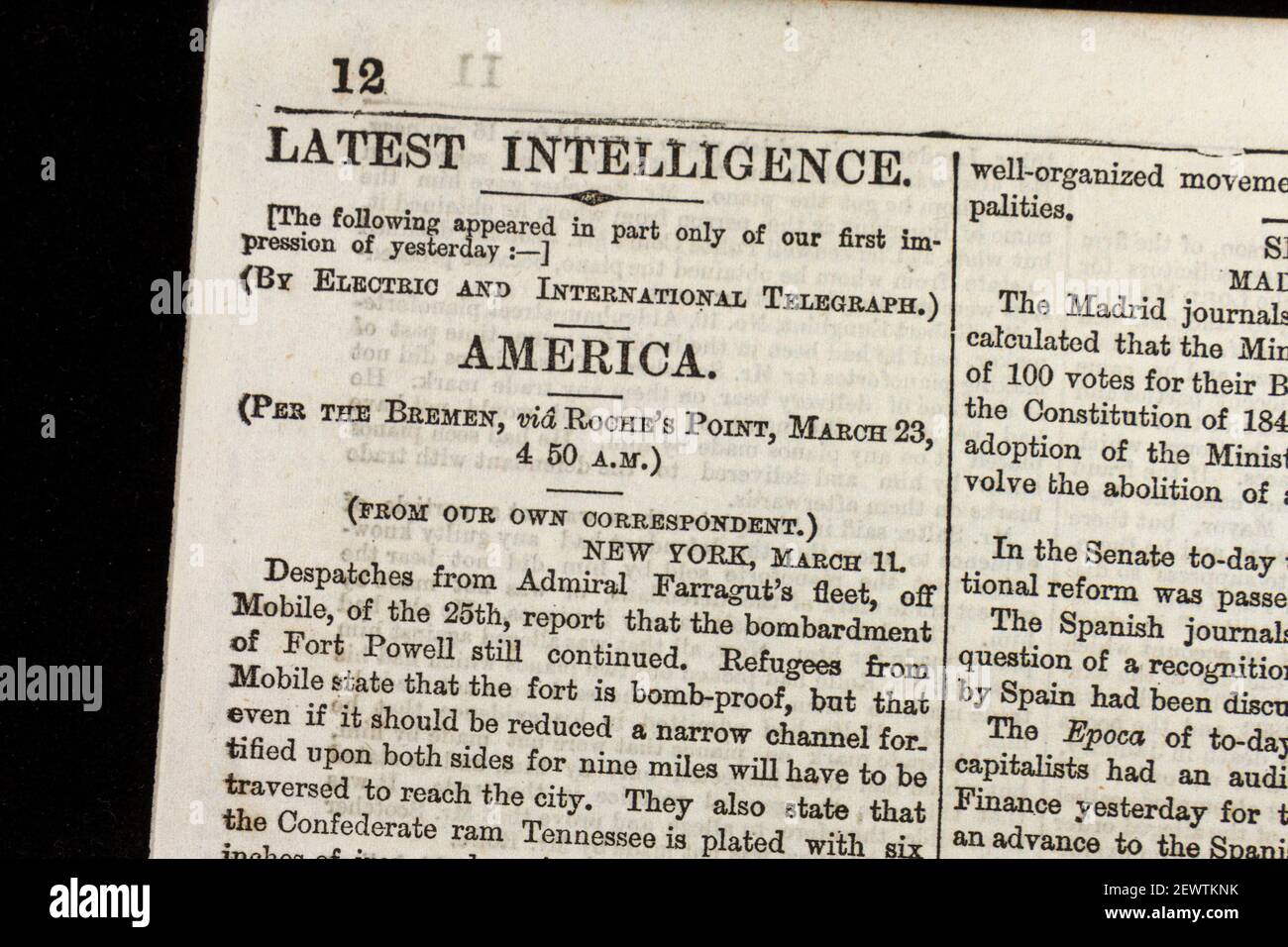 'Ultima intelligenza' relativa alle ultime notizie nella guerra civile americana, il giornale di Times Londra giovedì 24 marzo 1864. Foto Stock