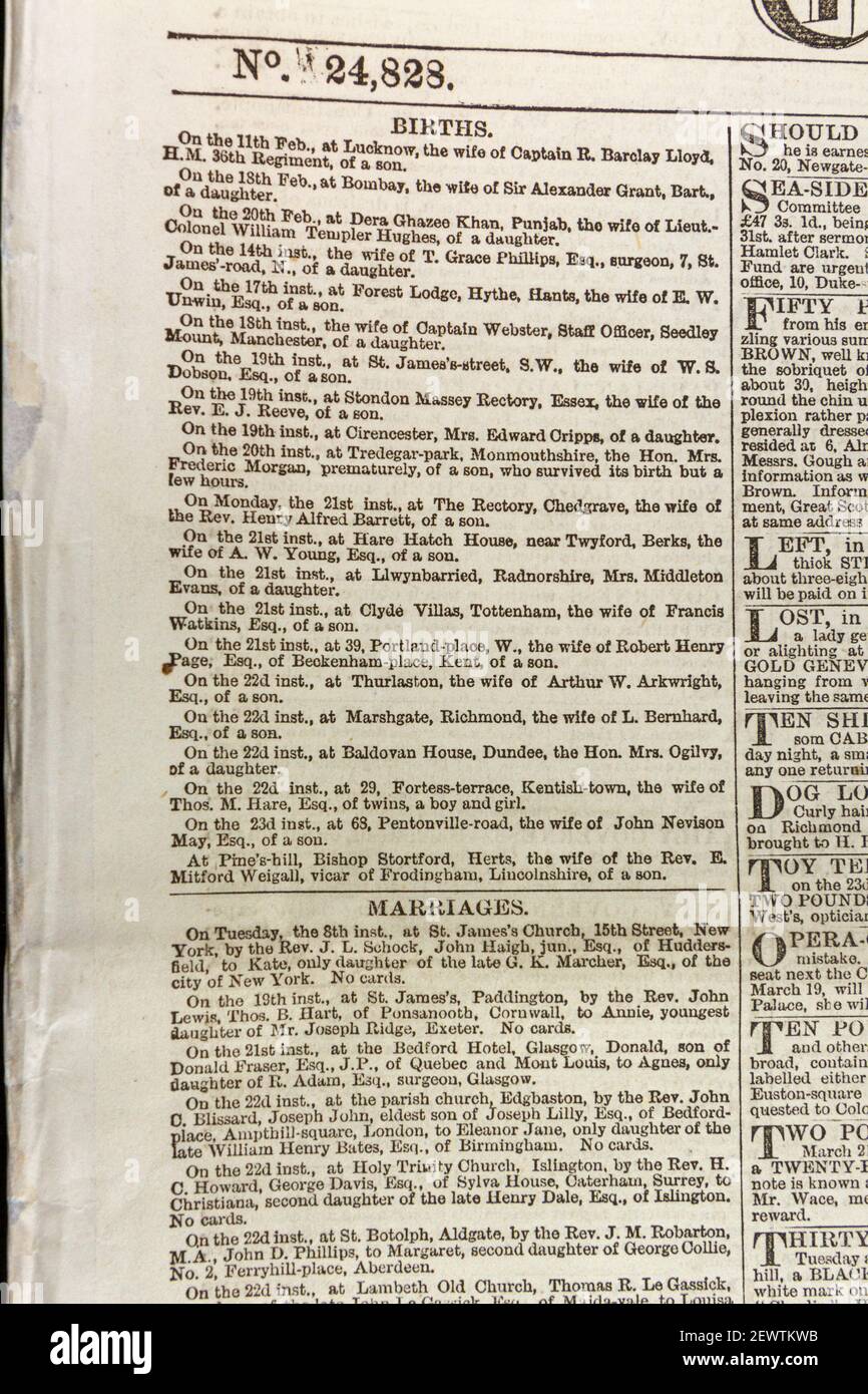 Annunci/colonna Births and Marriage sulla prima pagina del quotidiano Times di Londra giovedì 24 marzo 1864. Foto Stock