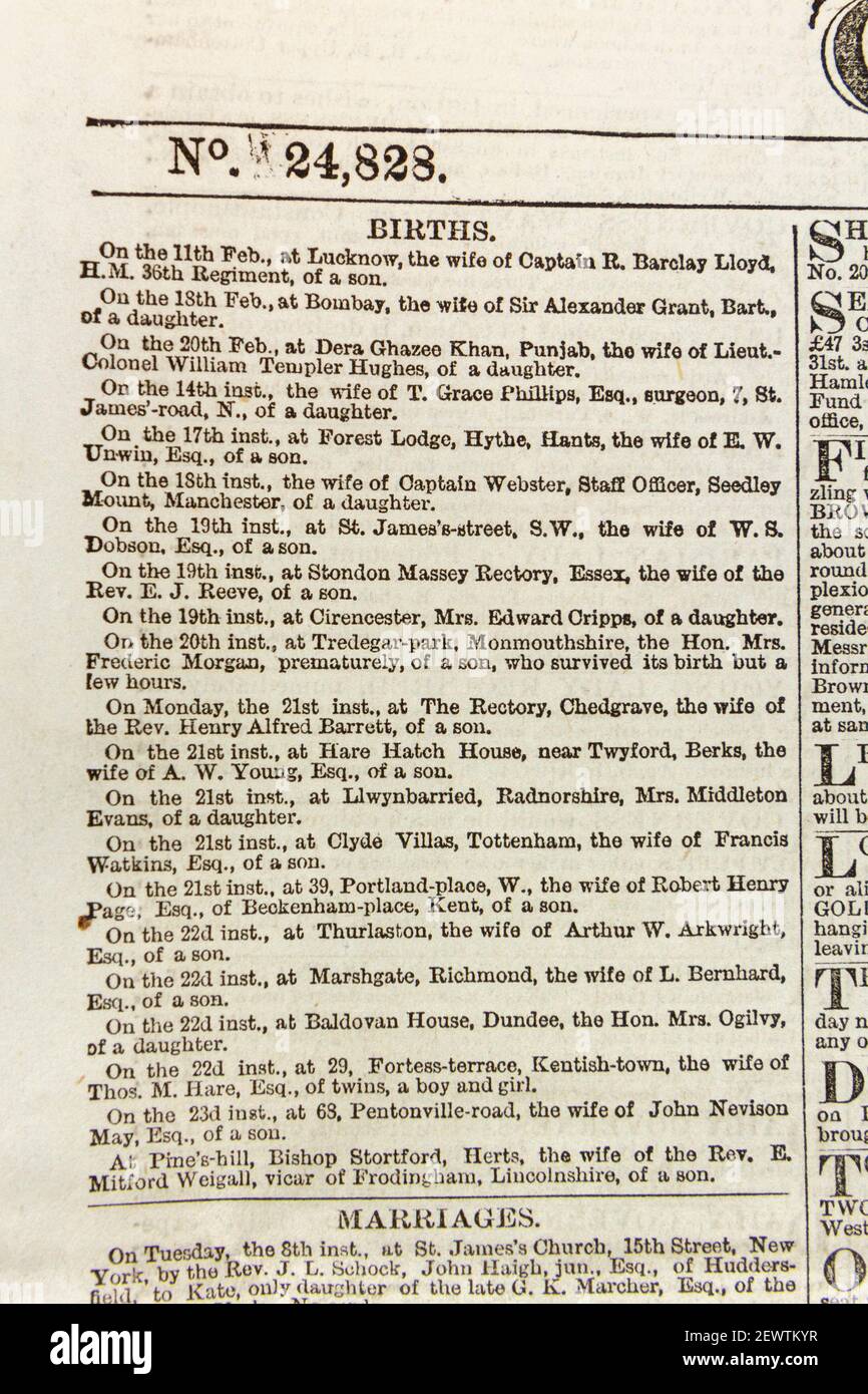 Annunci di nascita/colonna sulla prima pagina del quotidiano Times di Londra giovedì 24 marzo 1864. Foto Stock
