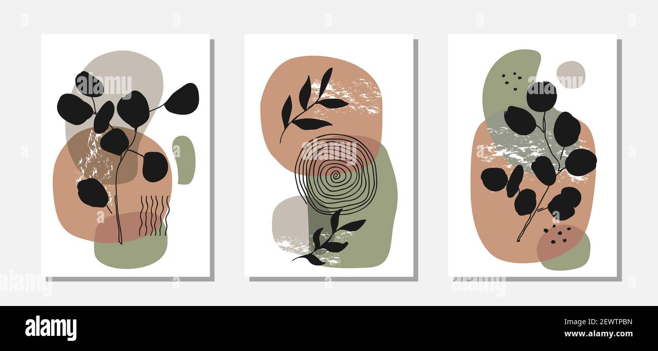 Insieme vettoriale per arte da parete botanica con profili a rami di eucalipto. Stile di disegno a linea continua moderno. Disegno di linea d'arte di boho di tonalità pastello Illustrazione Vettoriale