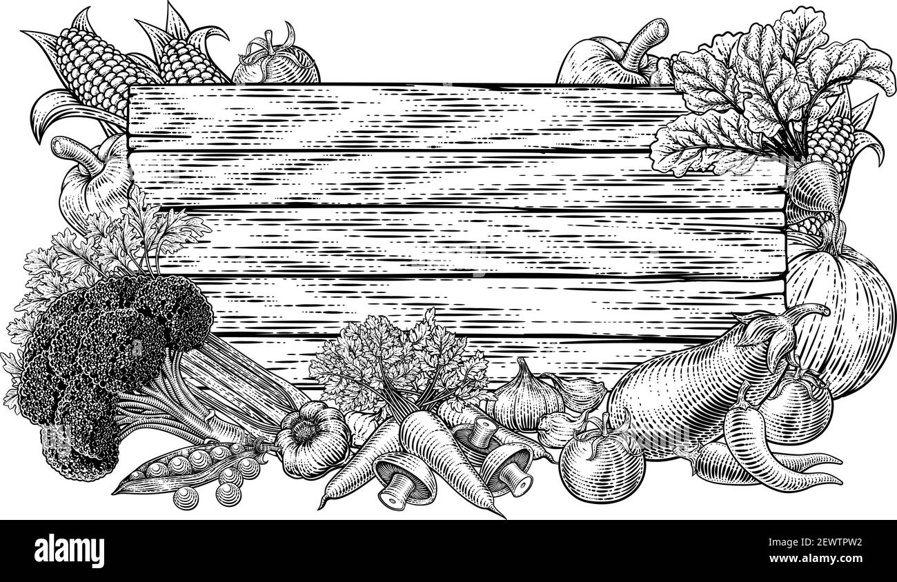 Verdure fresche Giardino prodotti bordo Woodcut segno Illustrazione Vettoriale