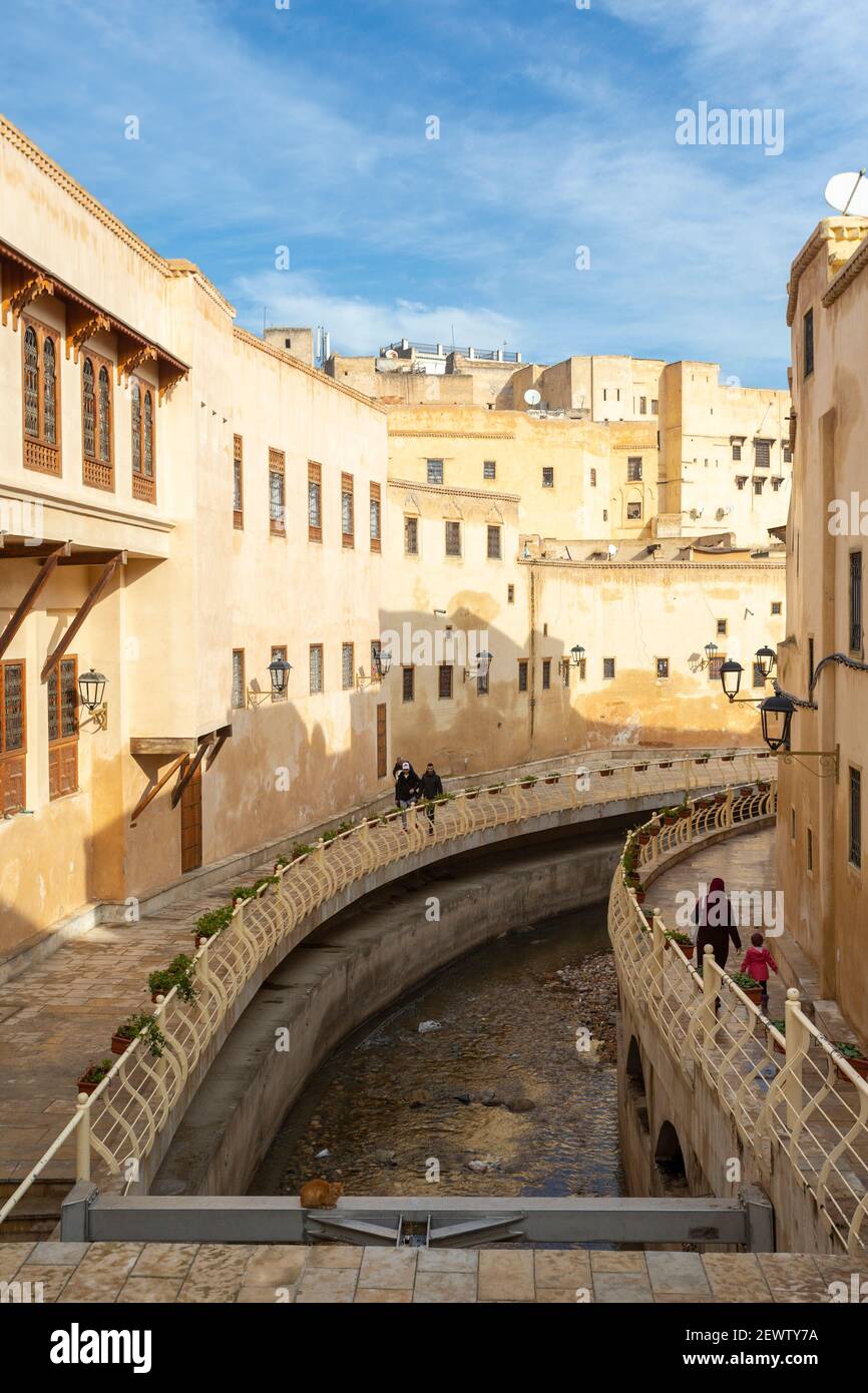 Vista sul fiume Oued Bou Khraeb e gli edifici circostanti nella medina di Fes, Marocco Foto Stock