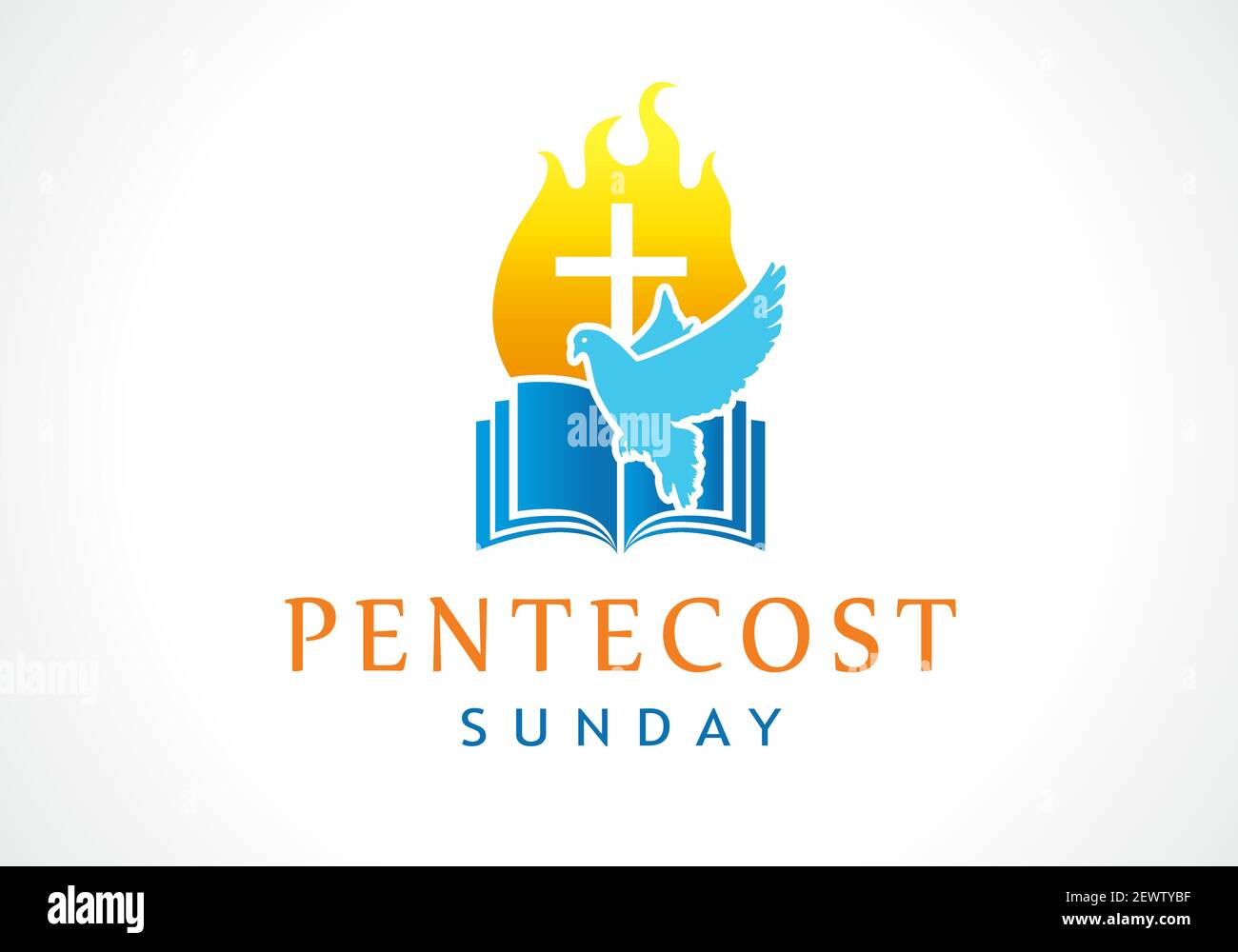 Bandiera della domenica di Pentecoste con Spirito Santo in fiamme. Modello invito per Pentecoste giorno con colomba in lingue fuoco e testo - l'effusione della Sp Illustrazione Vettoriale