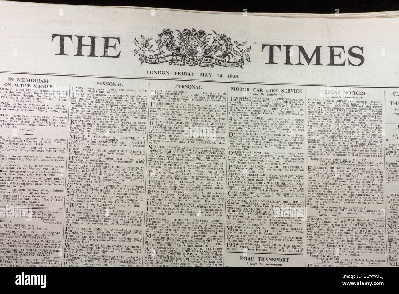 La testata del giornale Times sulla prima pagina di venerdì 24 maggio 1935. Foto Stock