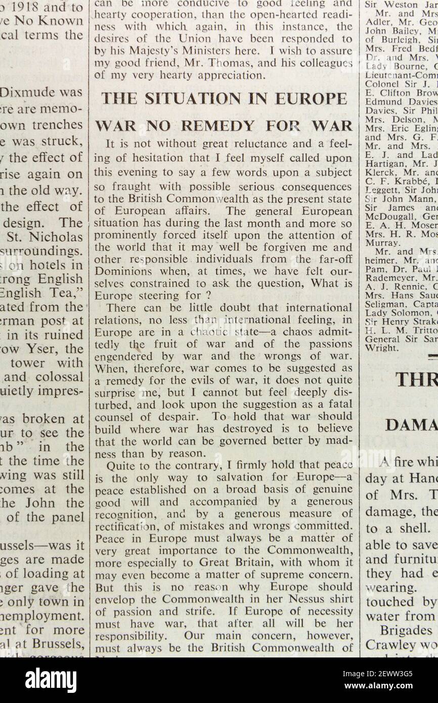 Articolo sulla situazione generale in Europa continentale nel giornale Times, Londra, Regno Unito, venerdì 24 maggio 1935. Foto Stock