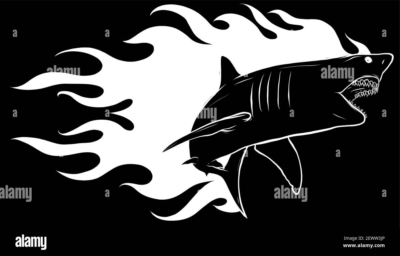 squalo silhouette con fiamme per tatuaggio o mascotte, come un modello con logo. Illustrazione Vettoriale