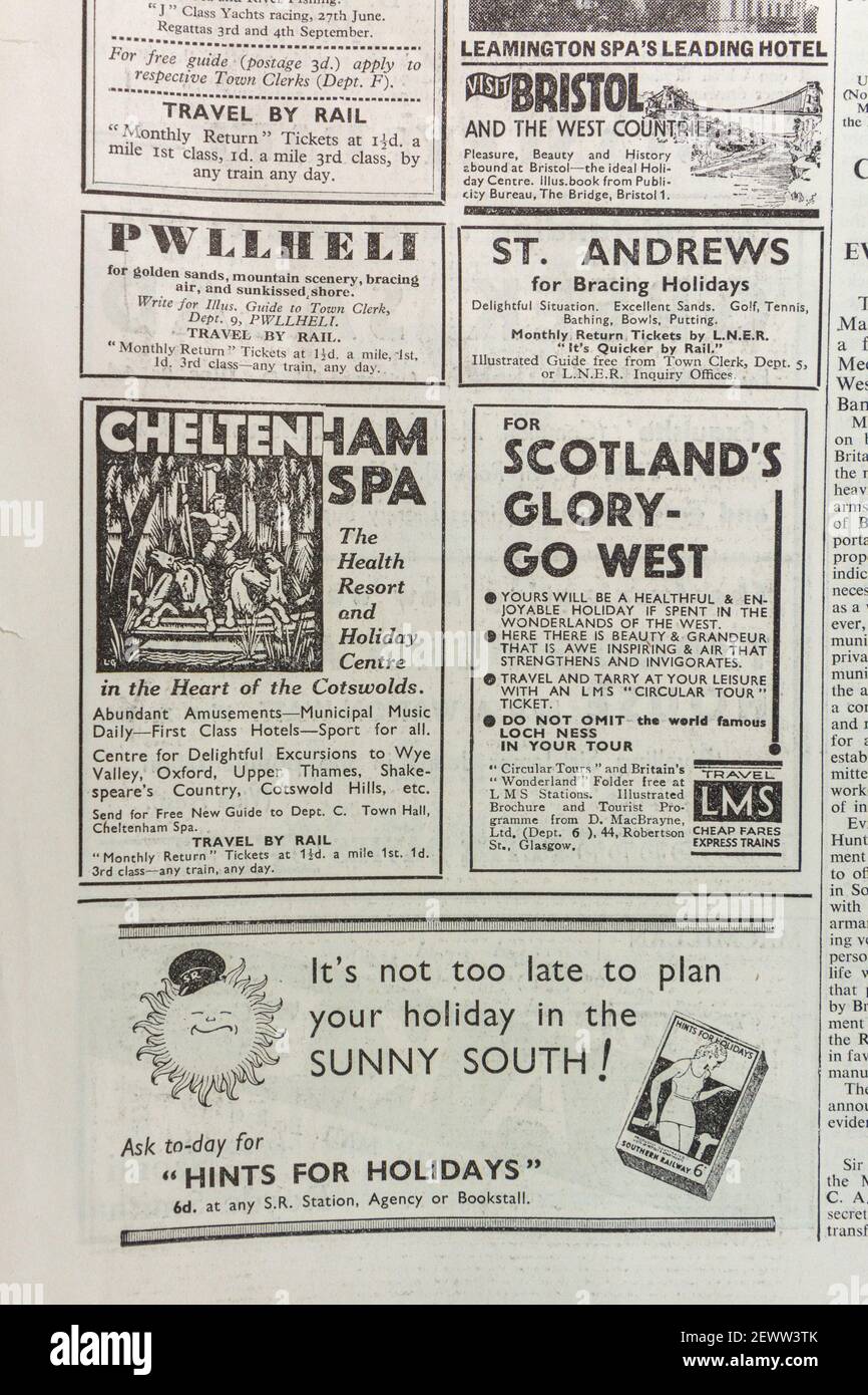 Annuncio per le vacanze in tutto il Regno Unito sul giornale The Times, Londra, Regno Unito, venerdì 24 maggio 1935. Foto Stock