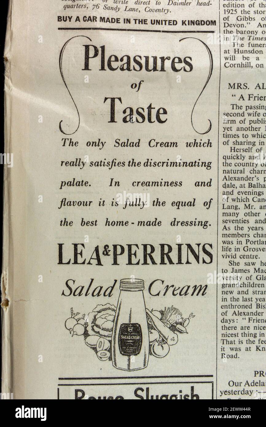 Annuncio per Lea & Perrins Salad Cream nel giornale Times, Londra, Regno Unito, venerdì 24 maggio 1935. Foto Stock