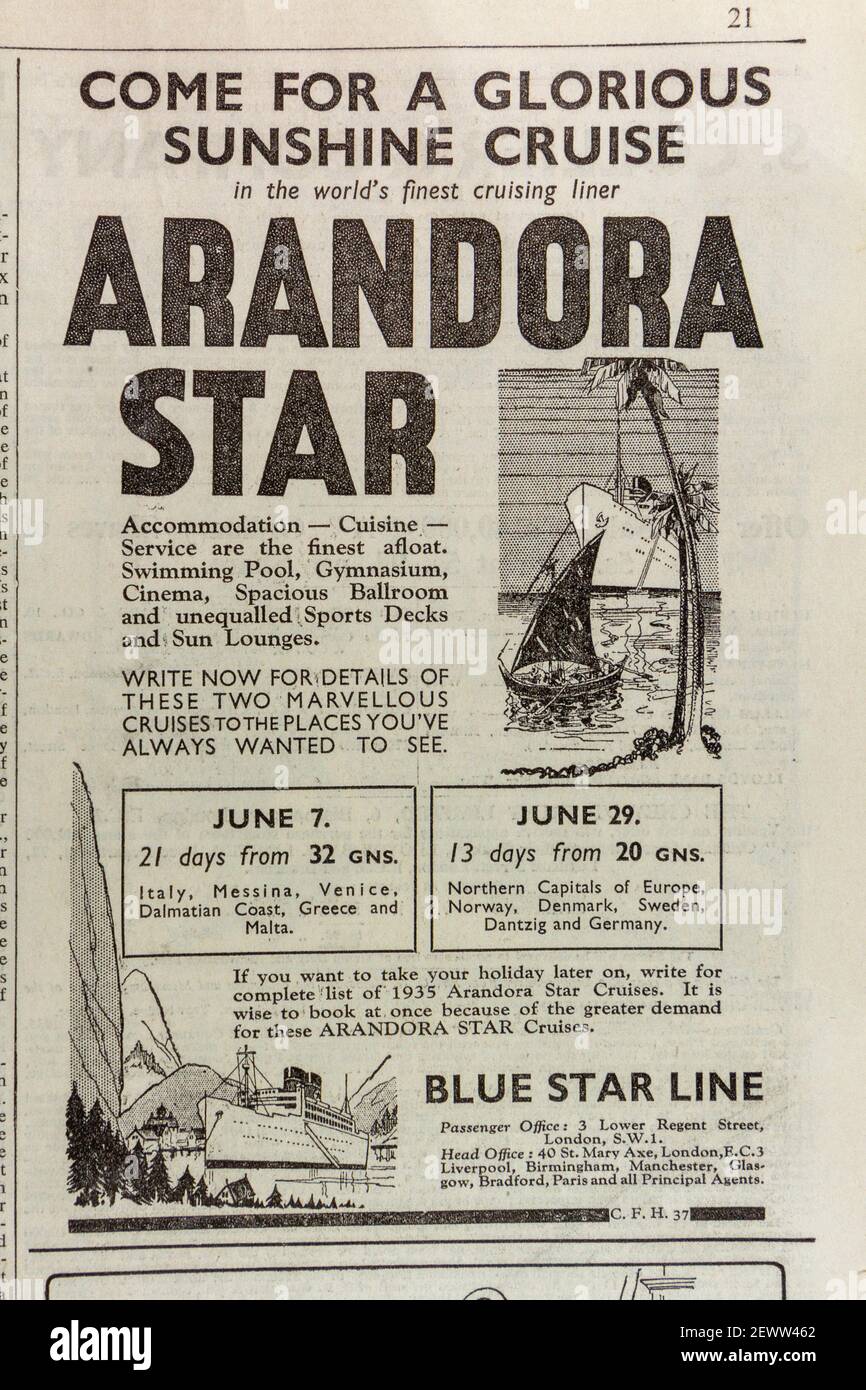 Annuncio per crociere sulla Arandora Star (Blue Star Line) nel giornale Times, Londra, Regno Unito, venerdì 24 maggio 1935. Foto Stock