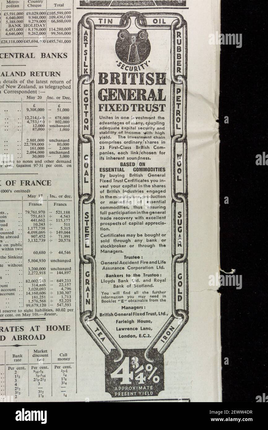 Annuncio per British General Fixed Trust Ltd nel giornale Times, Londra, Regno Unito, venerdì 24 maggio 1935. Foto Stock