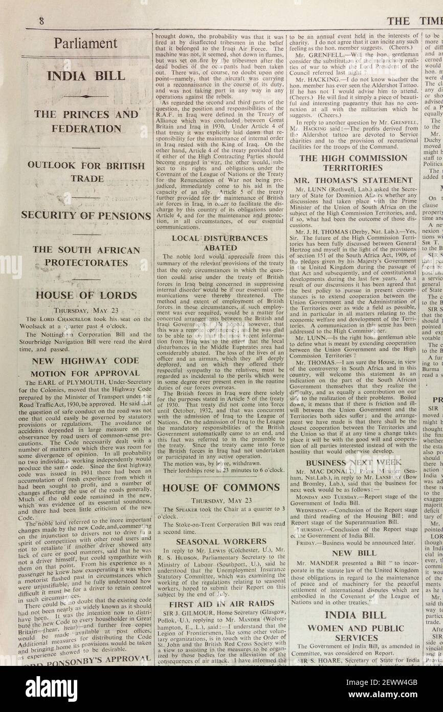 Relazioni del Parlamento e della Camera dei Lord nel giornale Times, Londra, Regno Unito, venerdì 24 maggio 1935. Foto Stock