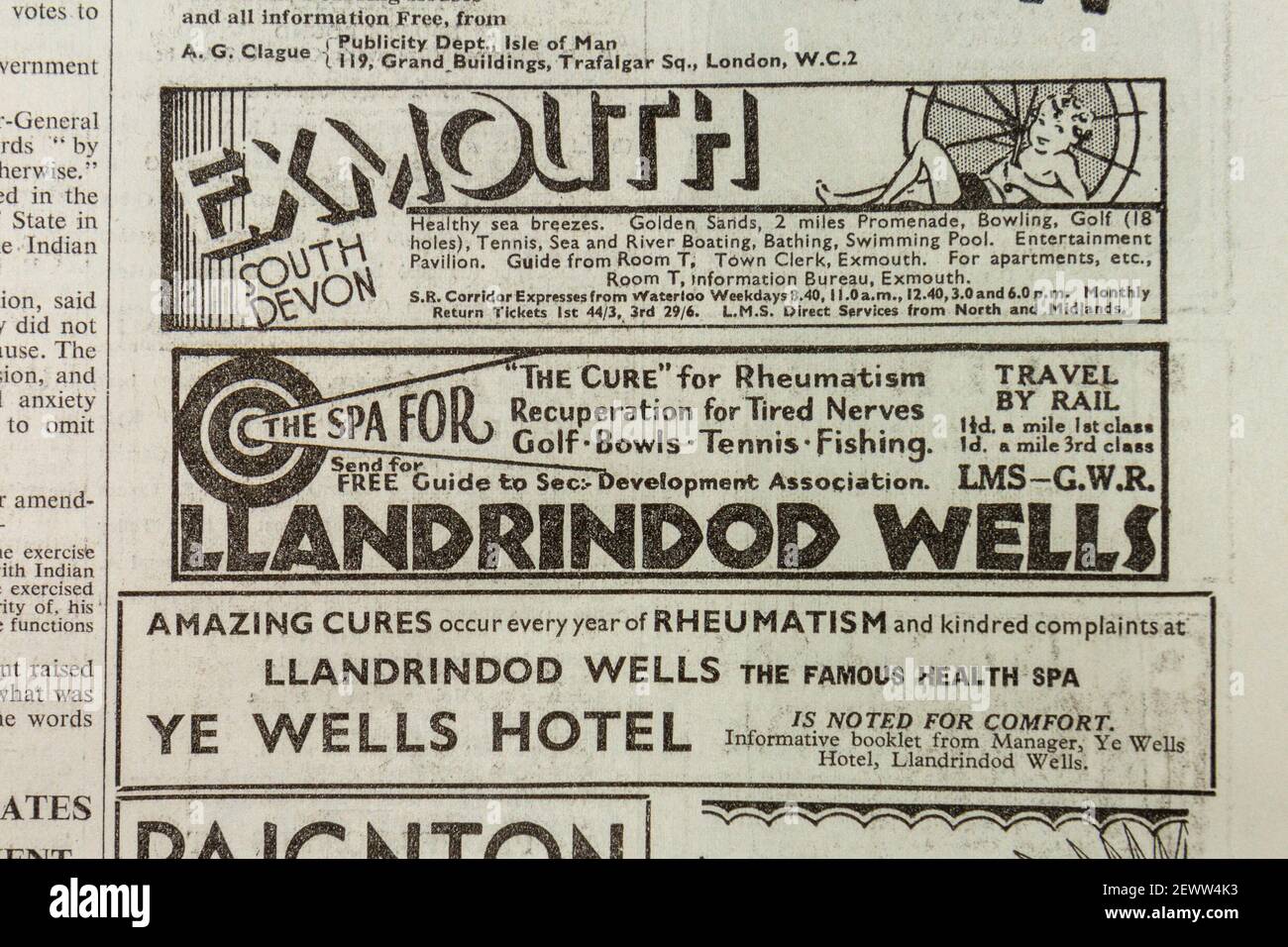 Pubblicità per varie destinazioni di vacanza in treno (Exmouth, Llandrindod Wells ecc) nel giornale Times, Londra, Regno Unito, Venerdì 24 maggio 1935. Foto Stock