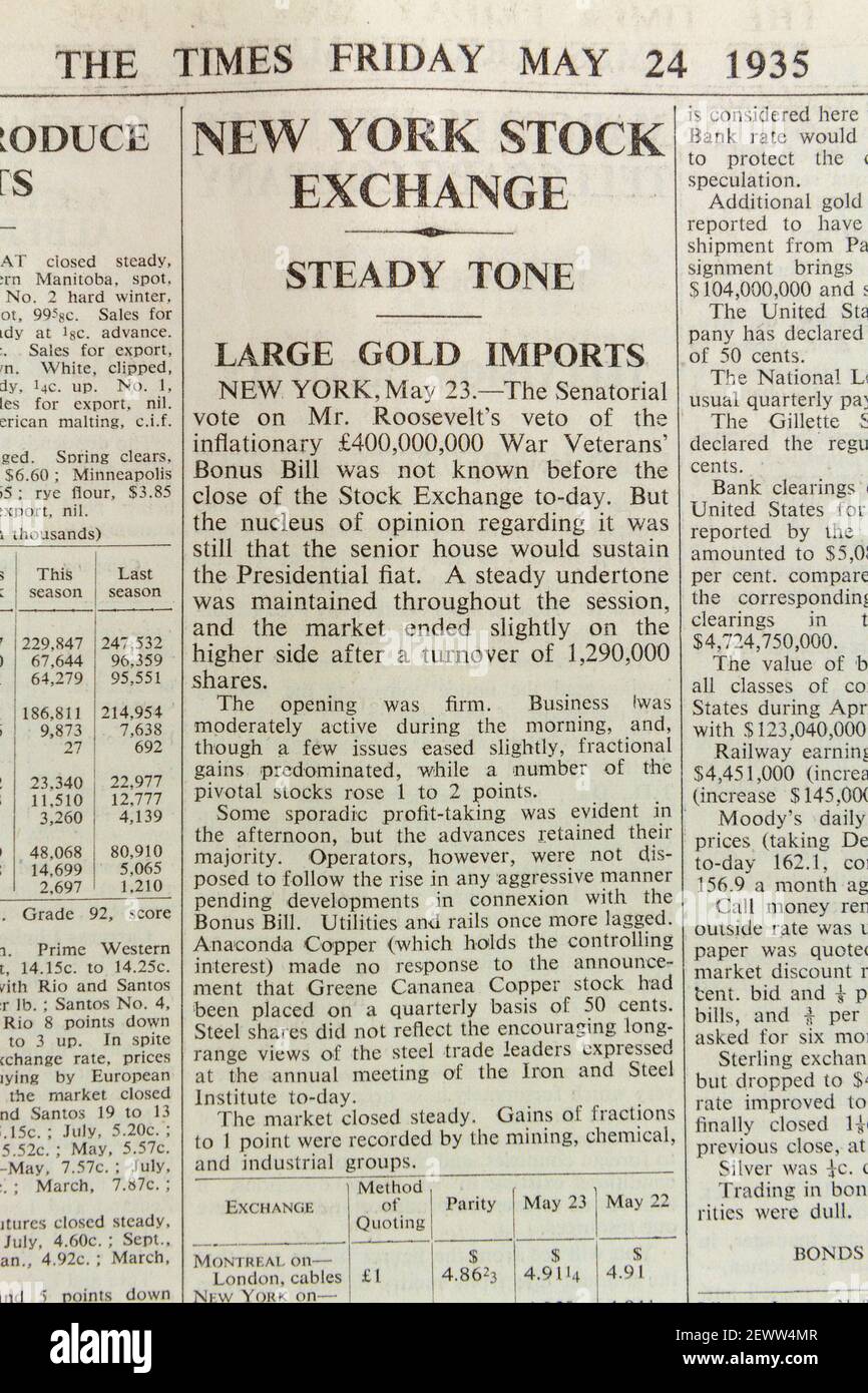 Rapporto della Borsa di New York (sulle importazioni di oro) sul giornale Times, Londra, Regno Unito, venerdì 24 maggio 1935. Foto Stock