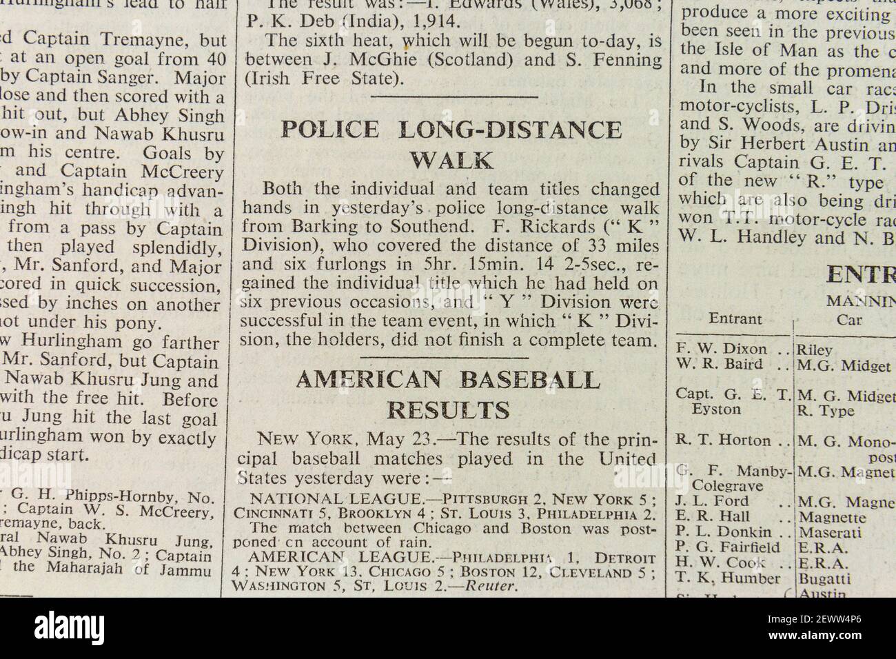 Relazione sulla corsa a piedi a lunga distanza della polizia e risultati di baseball americani sul giornale Times, Londra, Regno Unito, venerdì 24 maggio 1935. Foto Stock