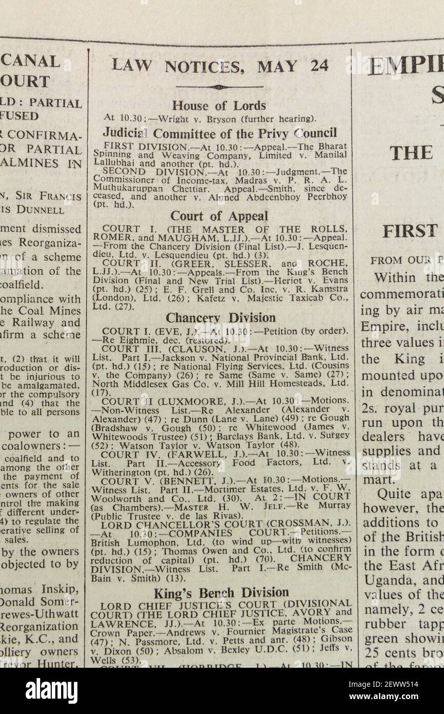 Note di legge del giornale House of Lords in the Times, Londra, Regno Unito, venerdì 24 maggio 1935. Foto Stock