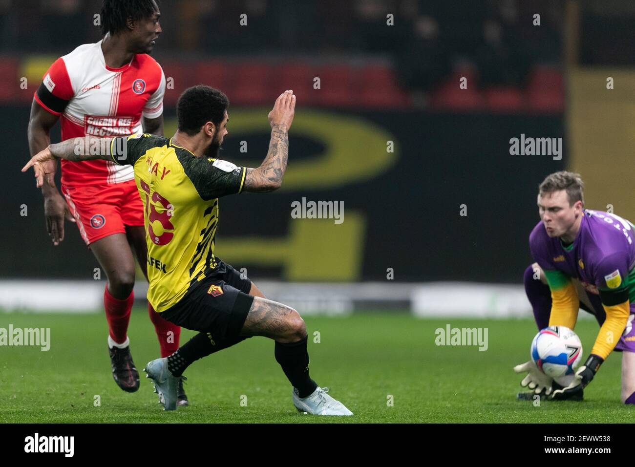 WATFORD, INGHILTERRA. 3 MARZO: Andre Grey di Watford calcia la palla durante la partita del campionato Sky Bet tra Watford e Wycombe Wanderers a Vicarage Road, Watford mercoledì 3 marzo 2021. (Credit: Juan Gasparini | MI News) Credit: MI News & Sport /Alamy Live News Foto Stock